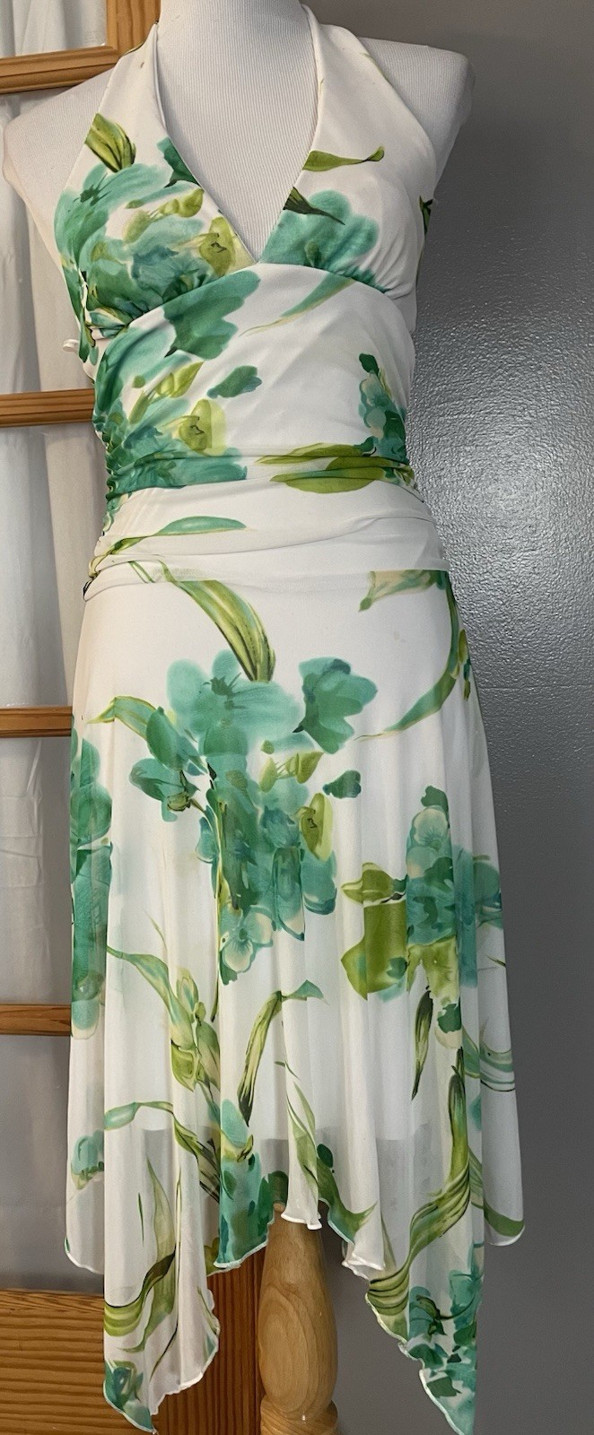 80s My Michelle Floral Halter Dress S Green Handkerchief Hem Club Party USA Made
