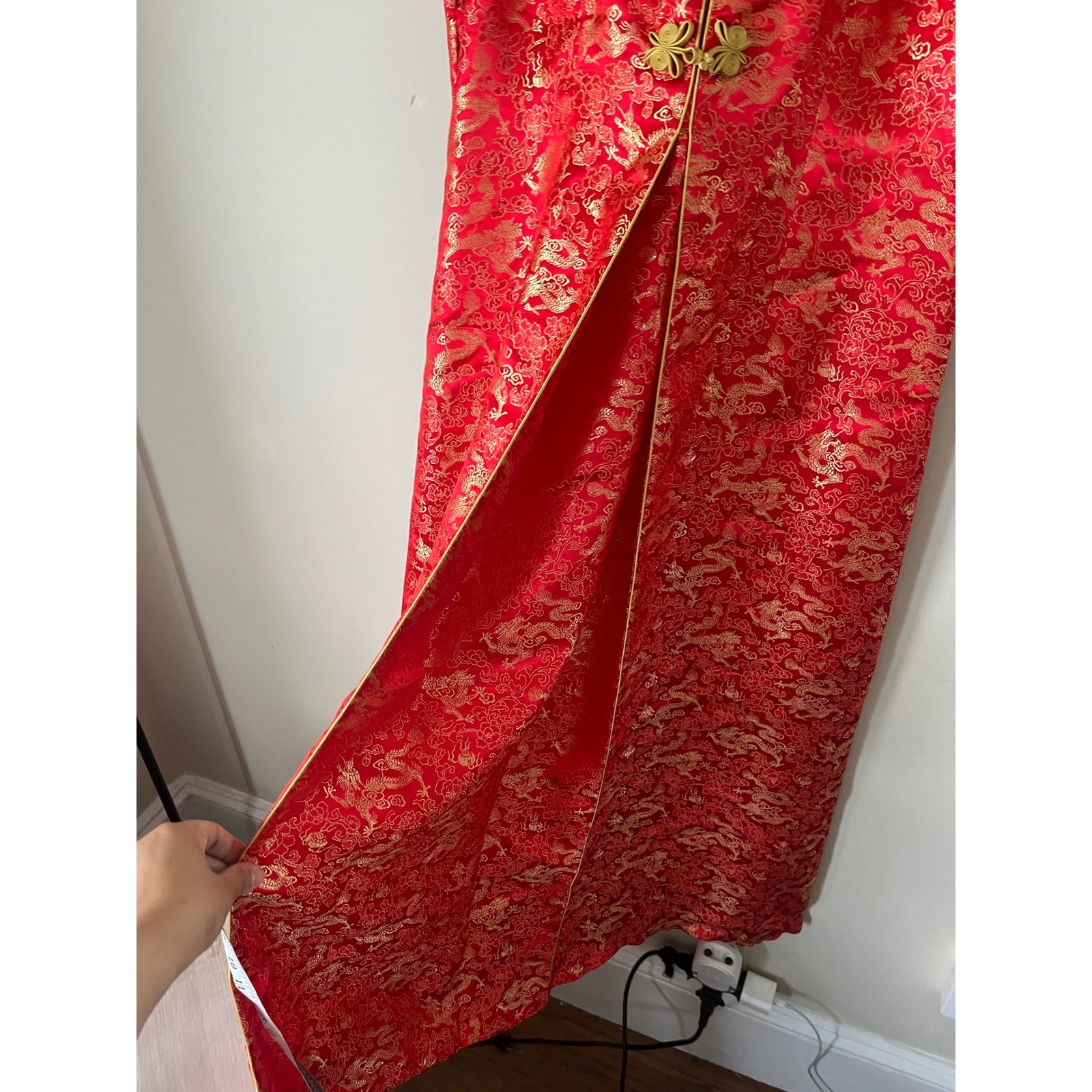 Vestern Fashion Red Gold Dragon Brocade Cheongsam Qipao Maxi Dress L Sleeveless