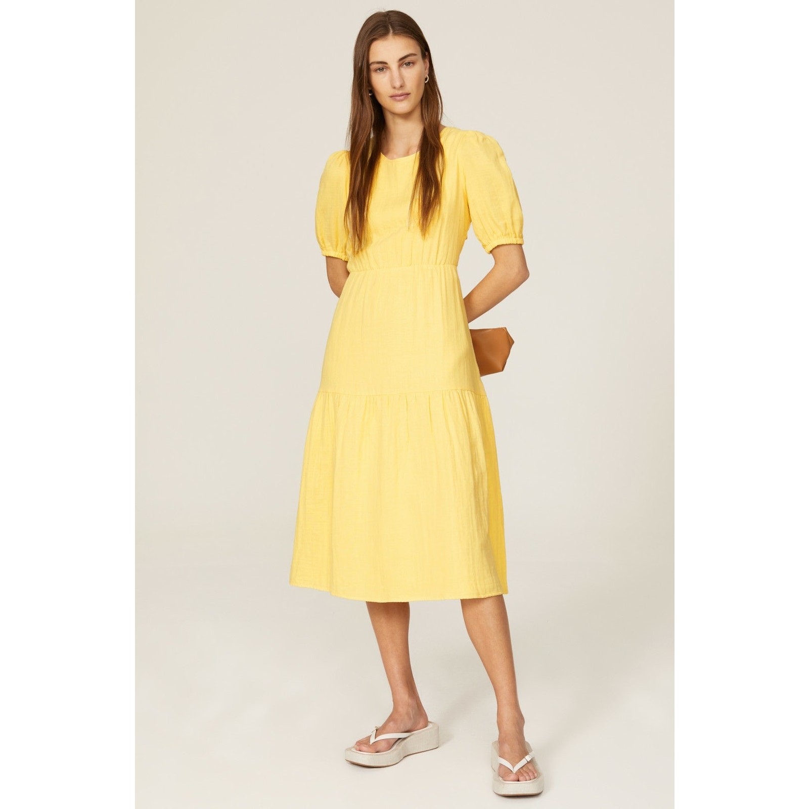 LOVE WHIT Yellow 100% Cotton Tie Back Crewneck Short Sleeve Flowy Midi Dress S