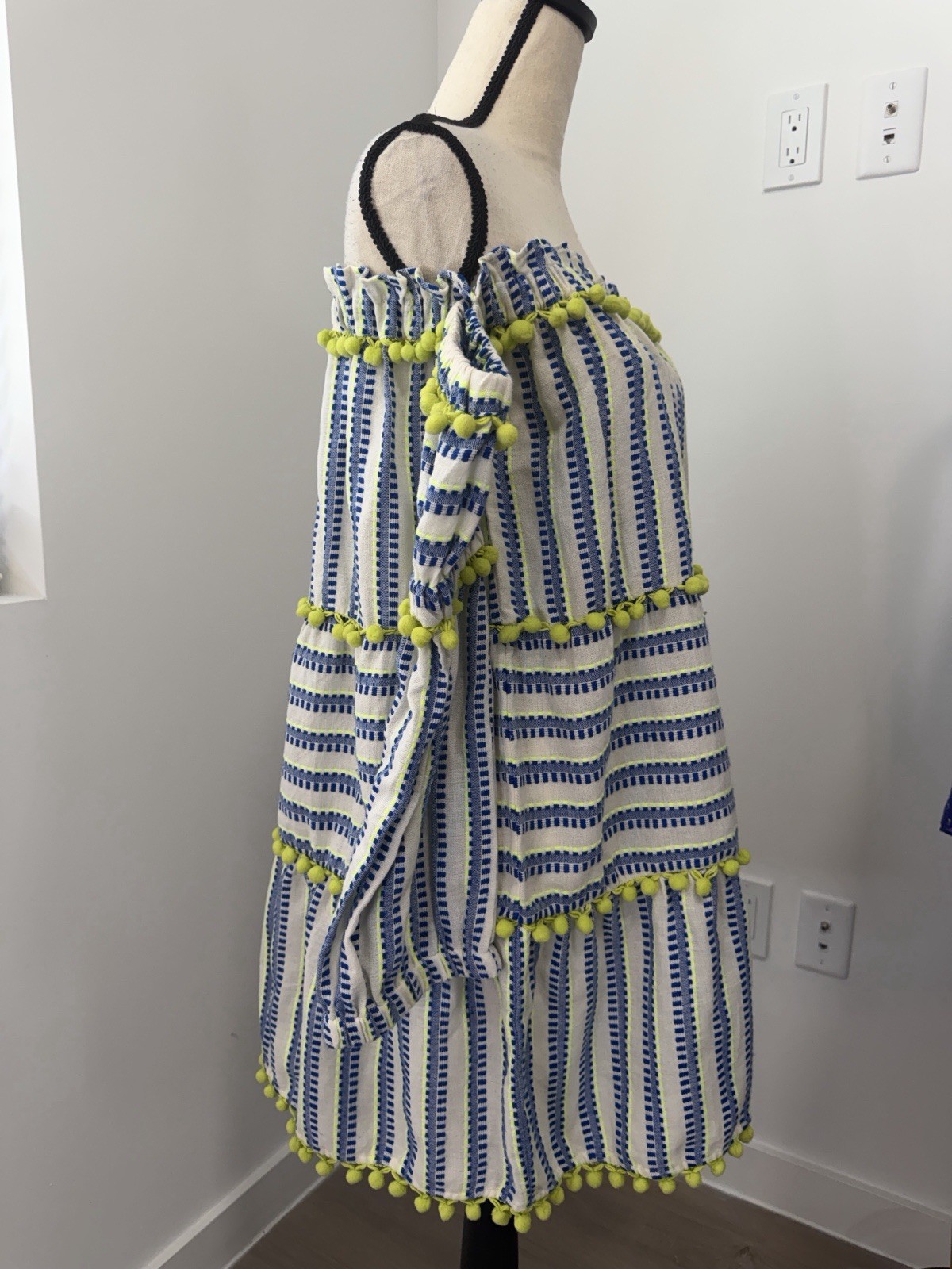 Anthropologie White Blue Green Striped Off Shoulder Pom-Pom Cotton Mini Dress S