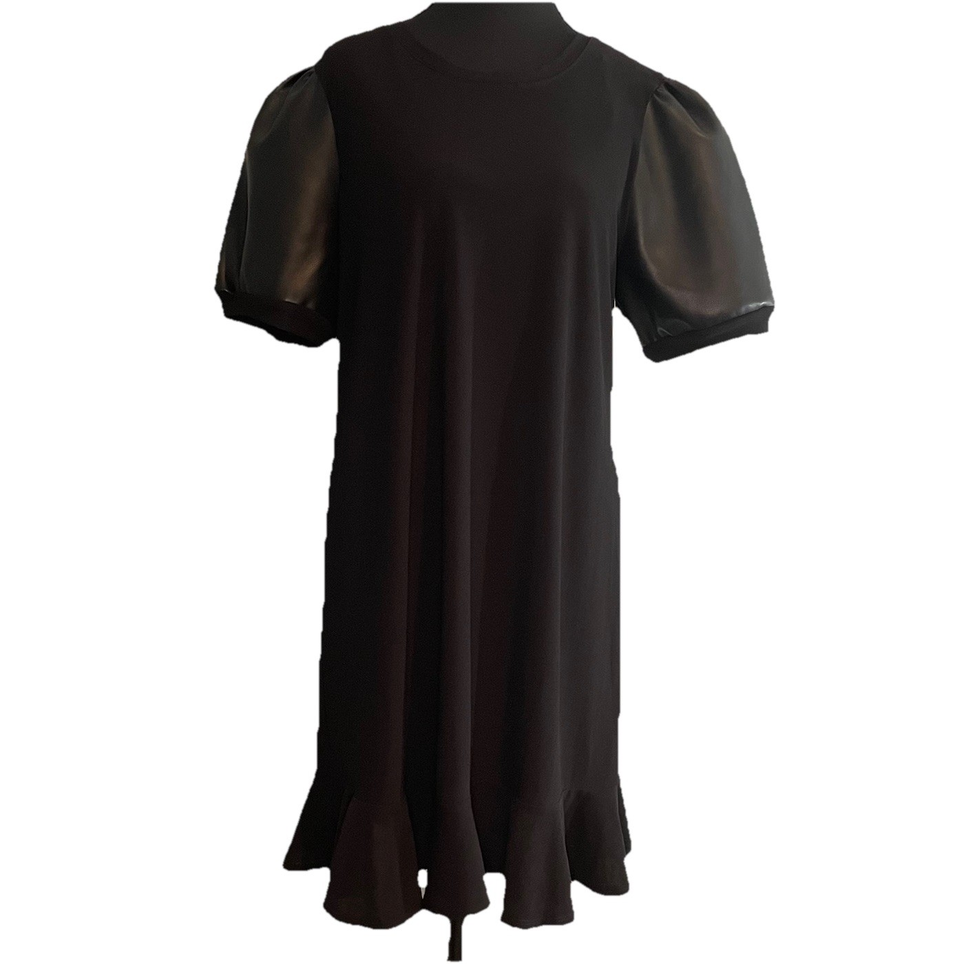 CeCe Women’s Black Faux Leather Puff Sleeve Ruffle Hem Midi Dress Size Med NWT