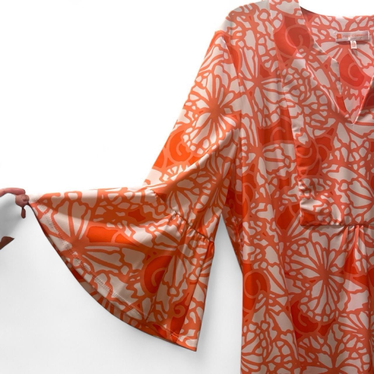 Jude Connally Orange White Floral V-Neck 3/4 Bell Sleeve Shift Dress XL