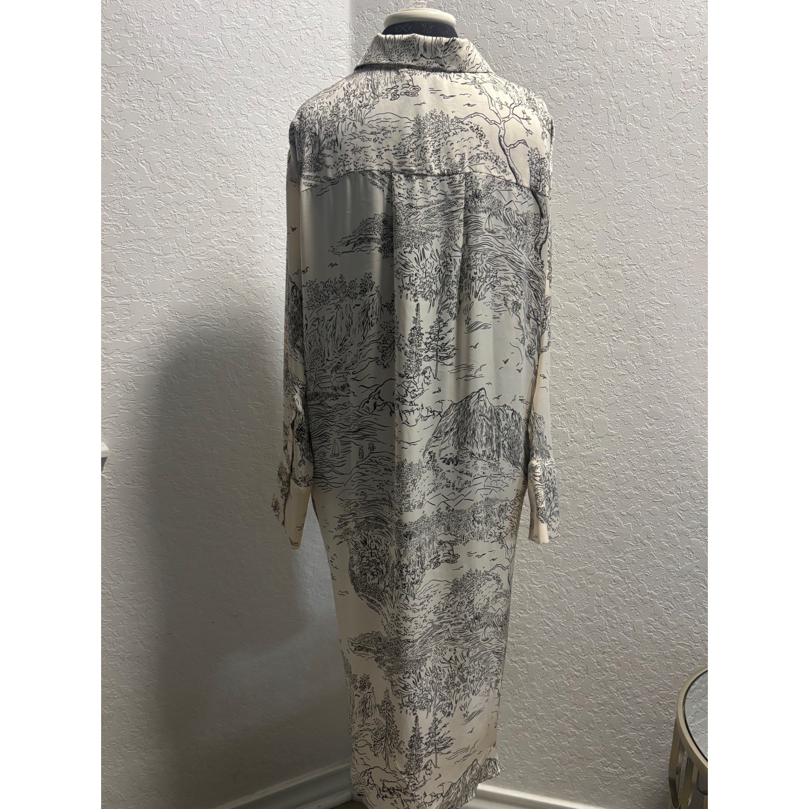 HM Womens Large Cream Black Scenic Toile Print Satin Shirt Dress Long Sleeve L