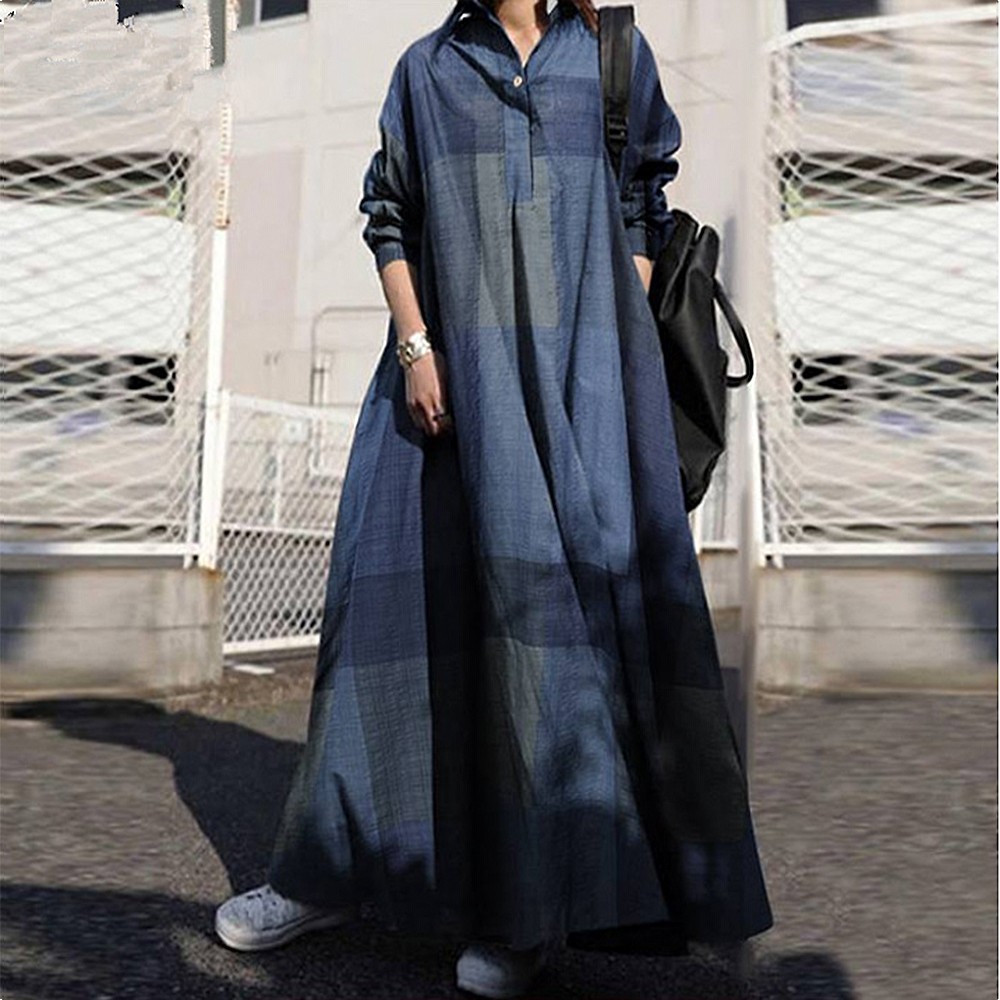 Spring Autumn Plus-Size Women Solid Casual Loose Cotton Linen Kaftan Shirt Dress