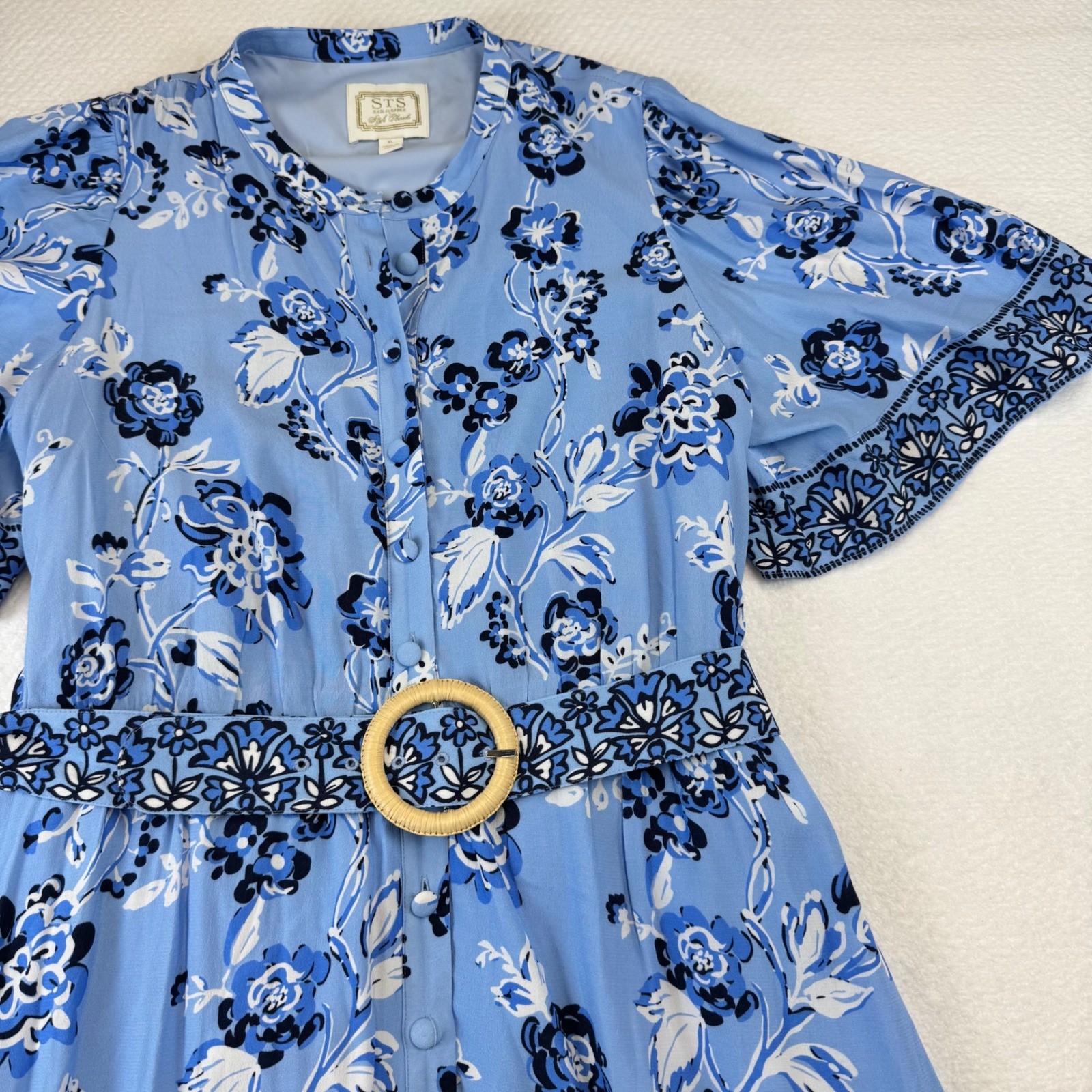 STS Blue Floral Midi Dress Button Front Flutter Sleeve Wood Buckle Belt XL