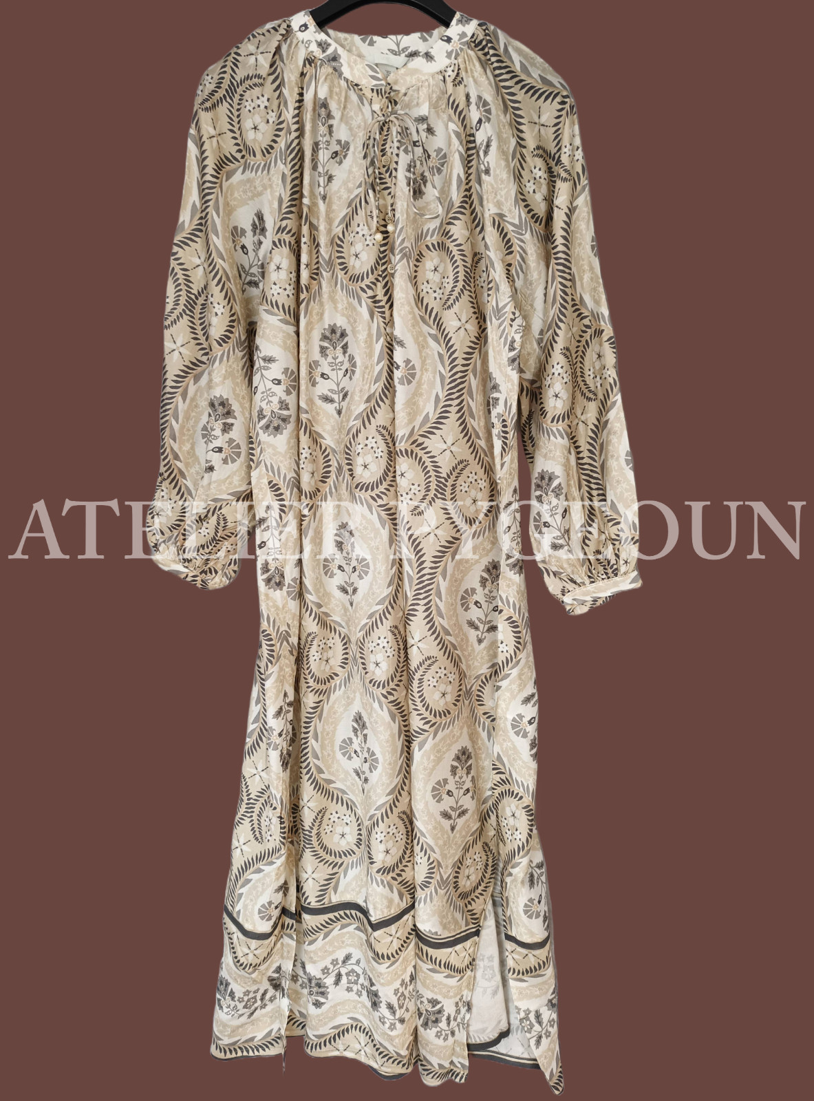NWT H&M Loose-Fit Balloon-sleeved Viscose Maxi V-Neck Dress Beige/Patterned Sz M