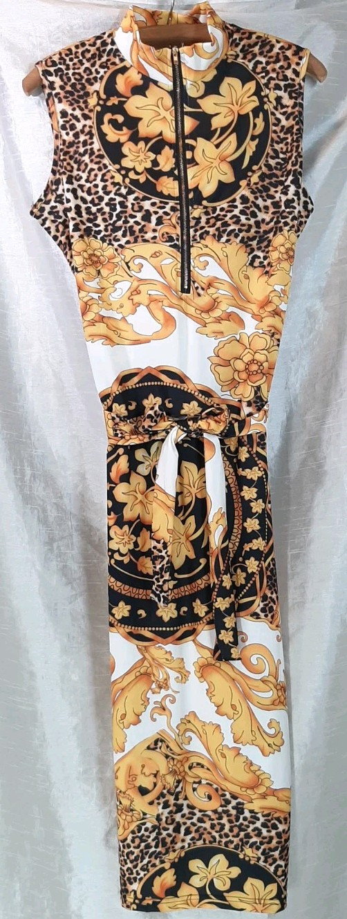 NWOT Zip Down V-neckline Bodycon Midi Dress Strap Tie Waist Floral/Animal Print