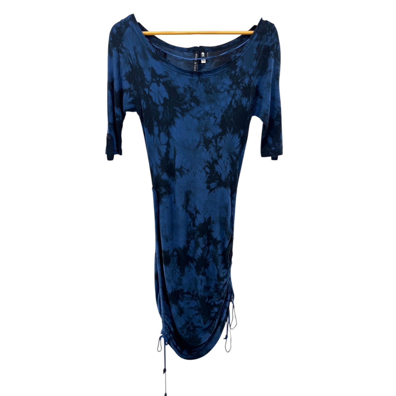 Affliction Blue Black Tie Dye Ruched Drawstring Asymmetrical Tee Dress M