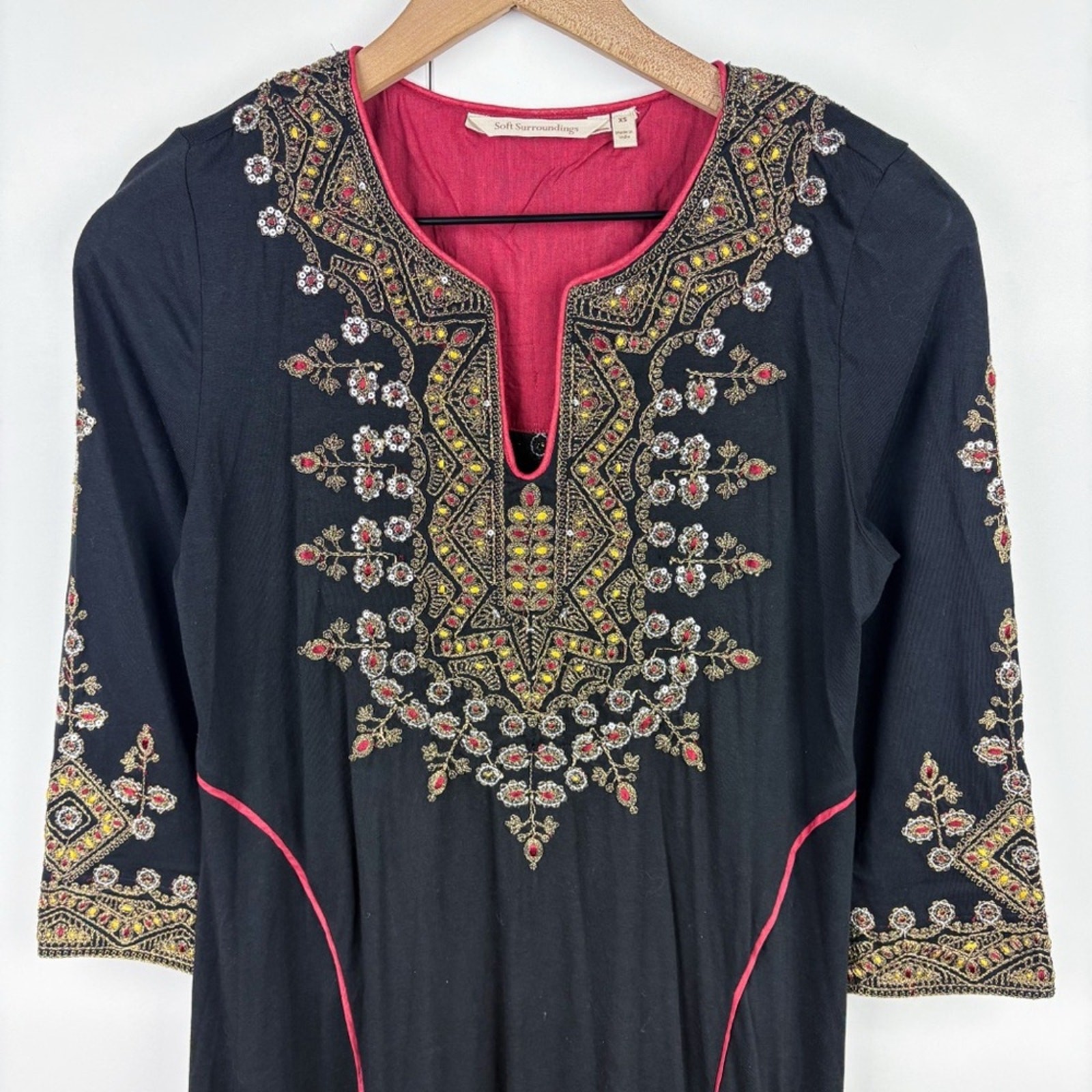 Soft Surroundings Beaded Embroidered Caftan Kaftan Maxi Dress Black Gold Red XS