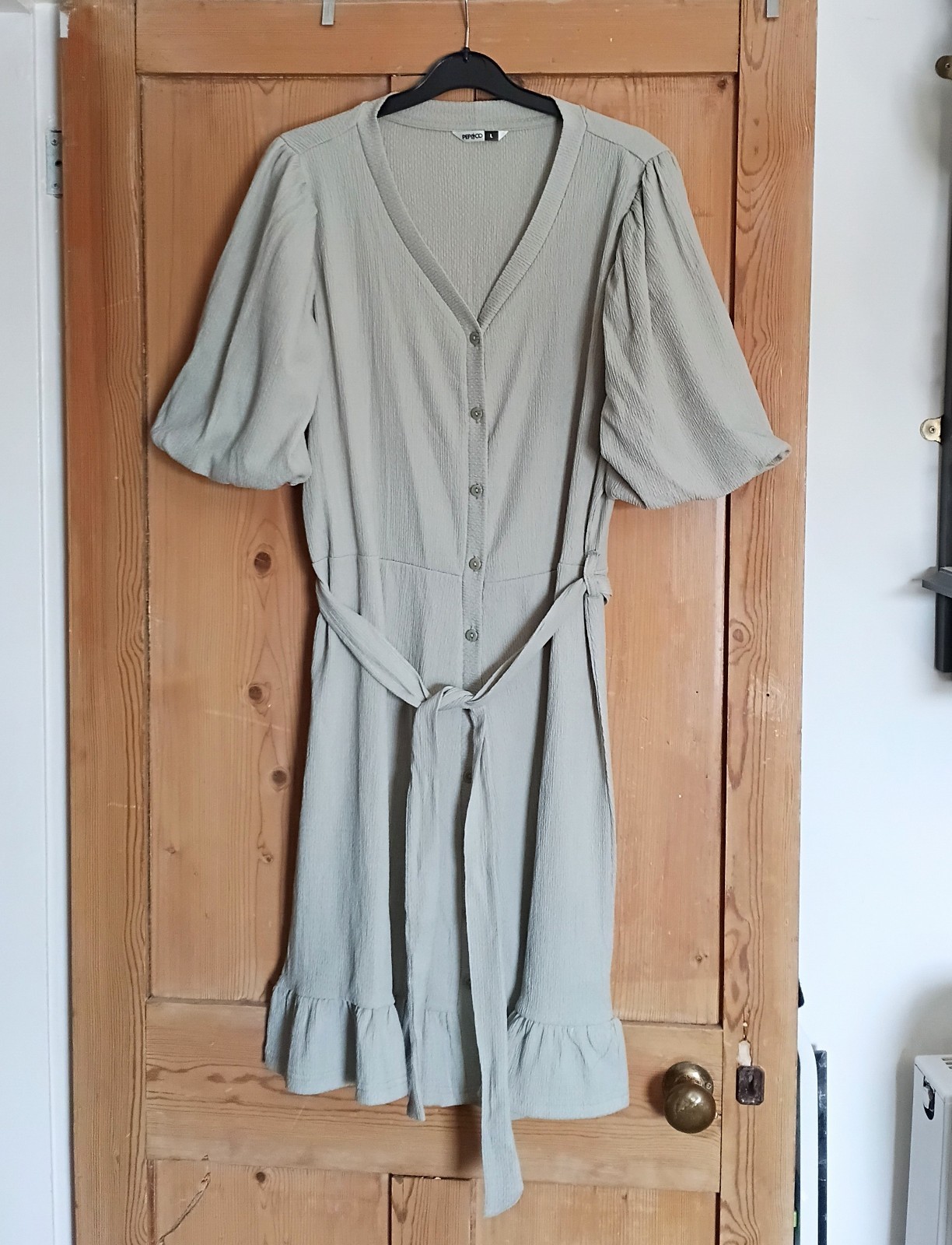 Pep&Co light grey textured stretch fabric button dress L 14 16 balloon sleeve
