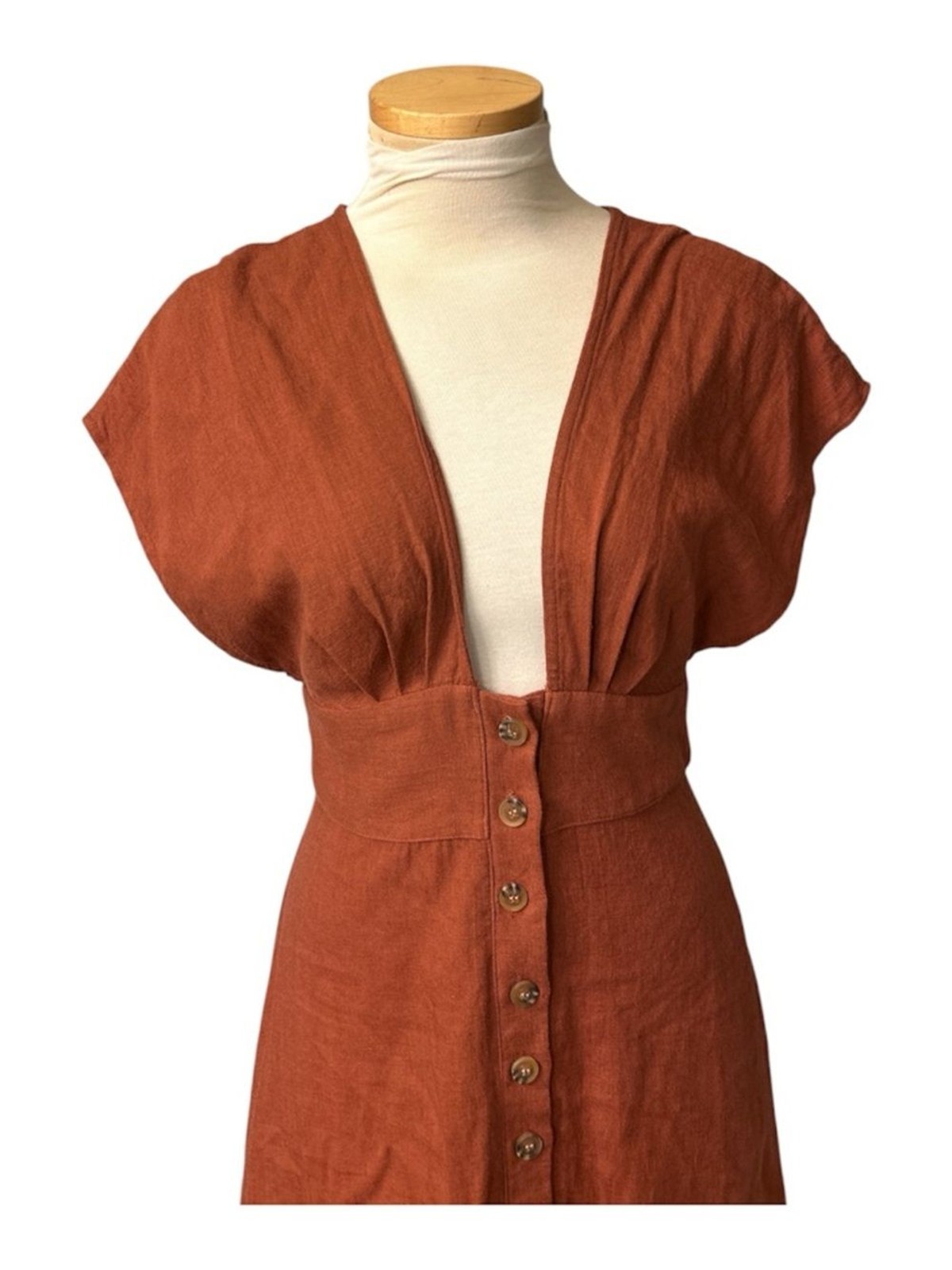 Charlie Holiday Rust Button Down Plunge Neckline Midi Dress Linen Size 2