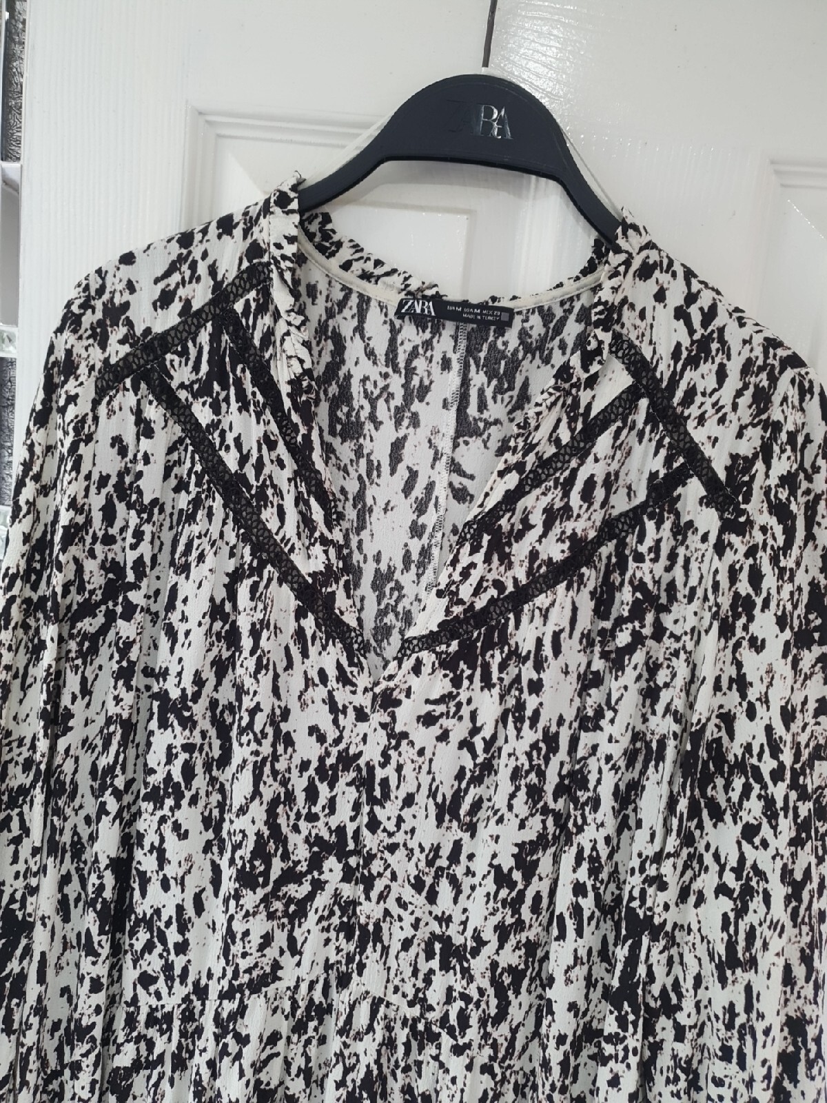 ZARA Printed Dress With Lace Medium M Midi Holiday Assymetric Hem Boho Tunic