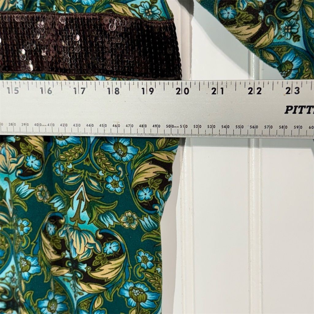 Fashion Bug Plus 18/20 Top Green Baroque Print Sequin Waist Surplice Asym Hem