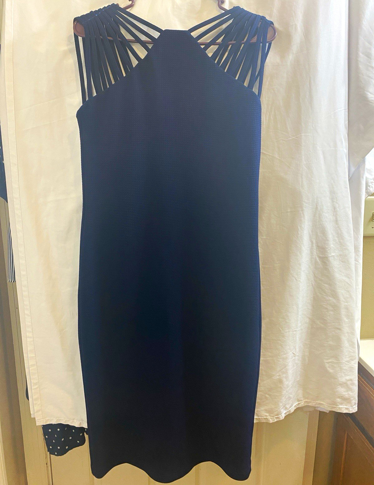 Shelby & Palmer Black High Neck Strappy Sleeveless Sheath Knee Dress M