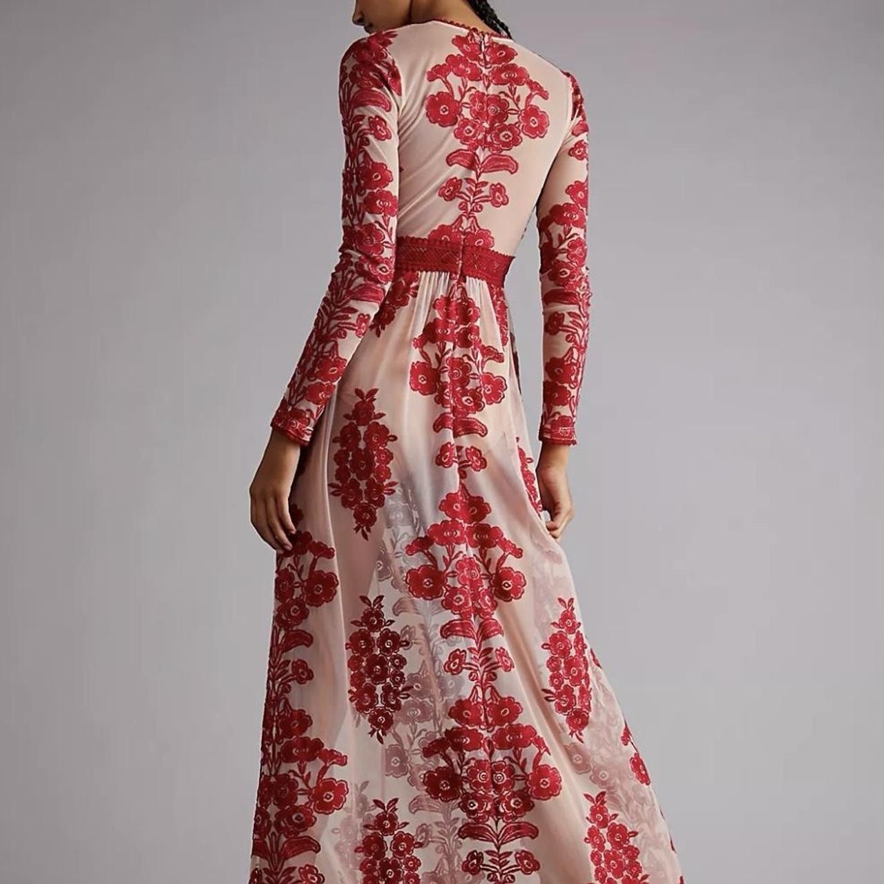 For Love & Lemons Red Berry Embroidered Mesh Maxi Dress NWT S Floral Lace