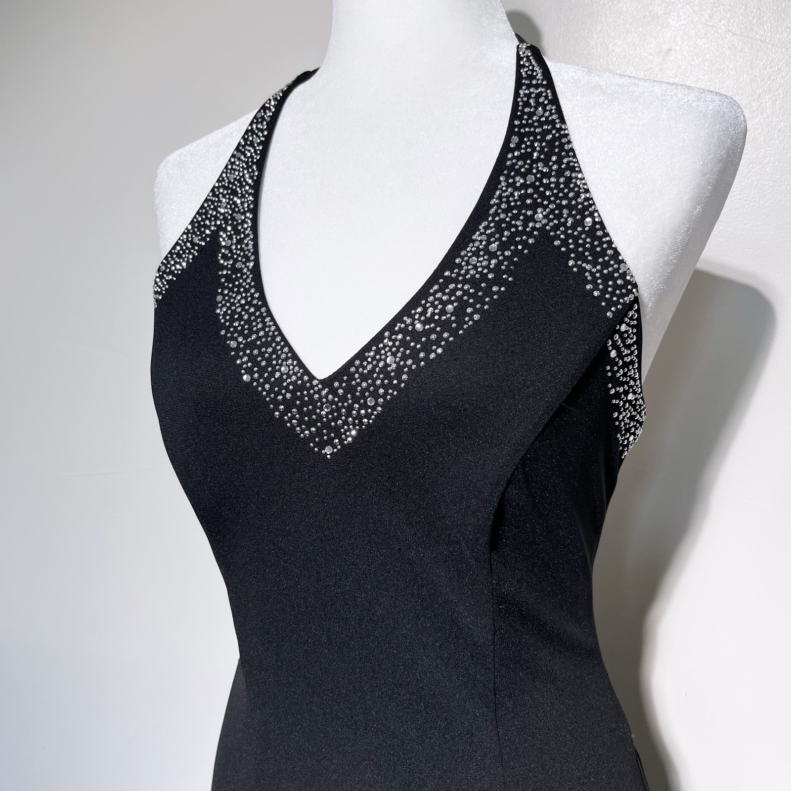 Vintage 90s Blondie Nites Black & Silver Bedazzle Halter Lace Up Back Maxi Dress