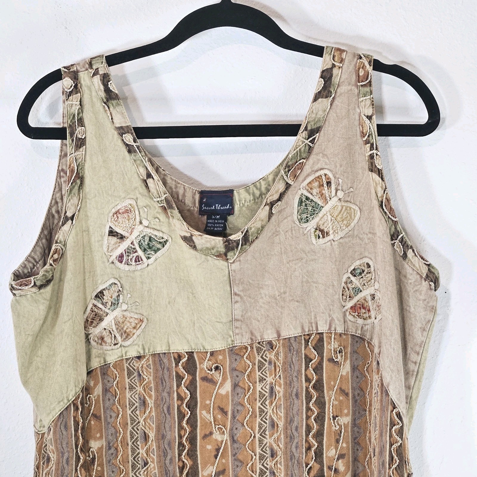 Sacred Threads Womens Patchwork Maxi Dress M/L Butterfly Hippie Artsy Lagenlook