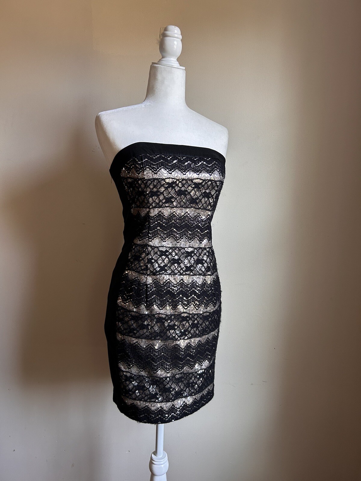Jessica McClintock Vintage 90s Black Lace Sequin strapless Dress Size 10