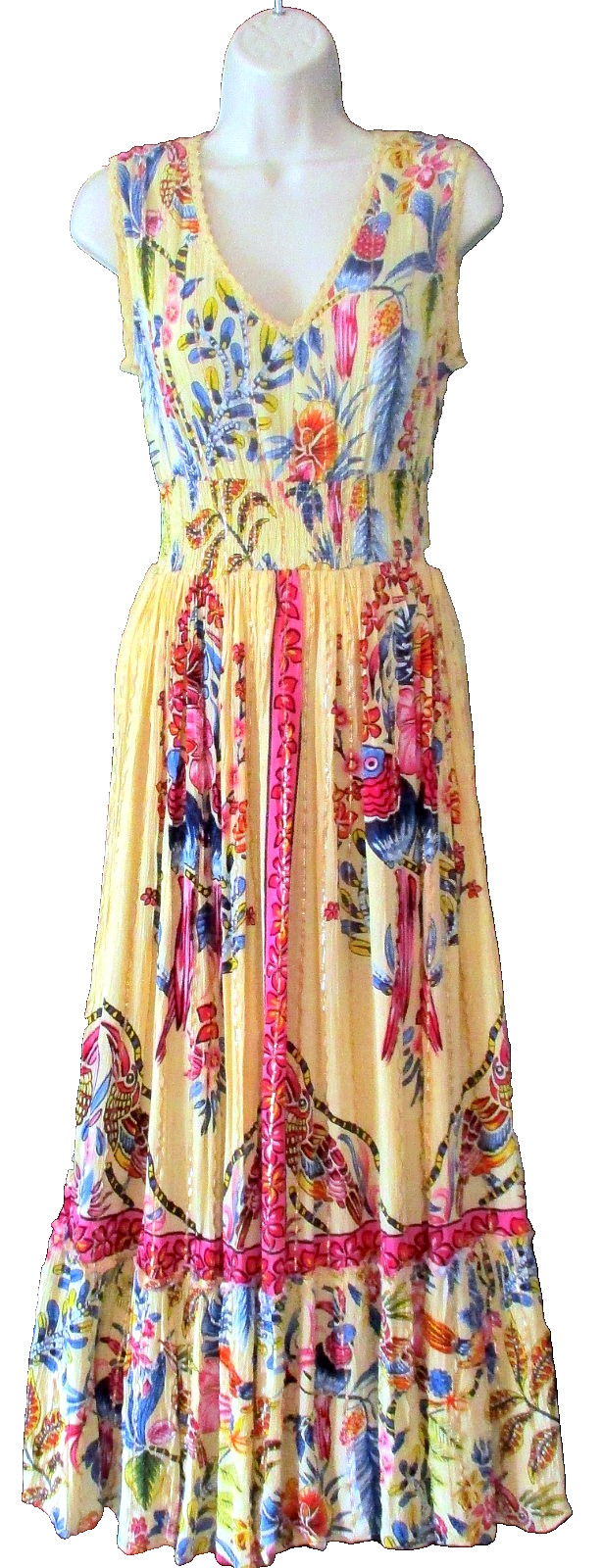 NWT ME 2 MAGIC Yellow Tropical Parrots Gold Stripe Bohemian Maxi Dress sz S M L