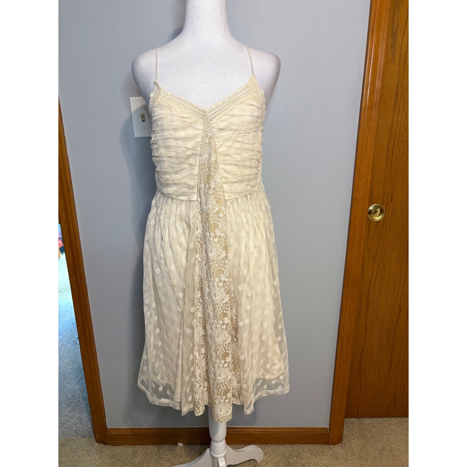 Ryu Cream Whimsical Lace Swiss Dot Tulle Midi Dress Smocked Back NWT Large