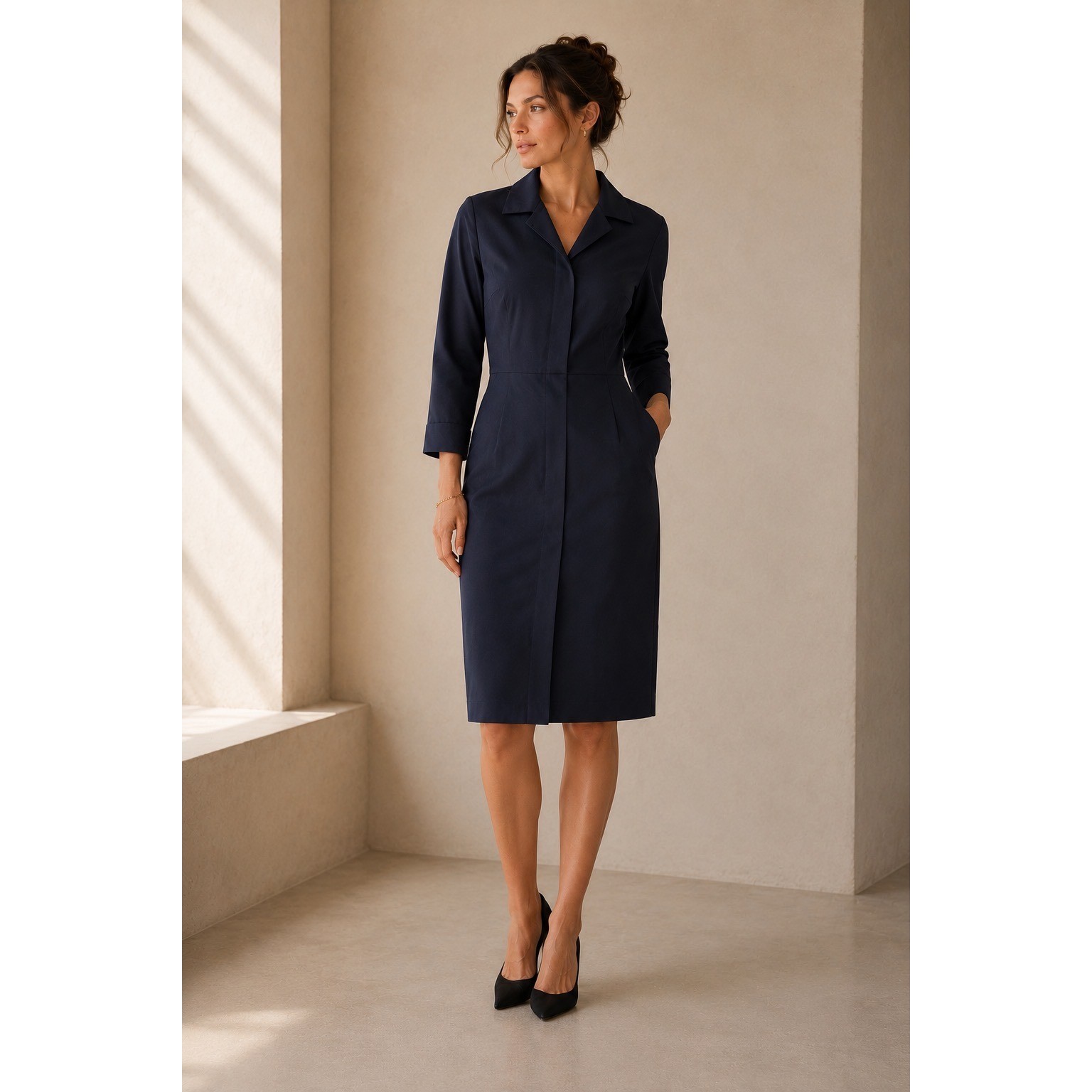 68 Womens 12 Navy Wool Long Sleeve Collared Button