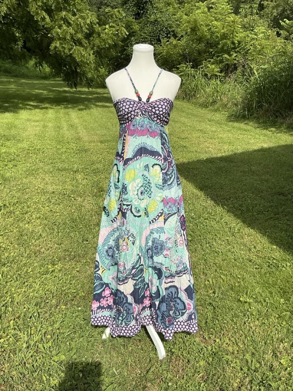 Y2K Boho Halter Maxi Dress | Patchwork Floral Empire Waist Sundress