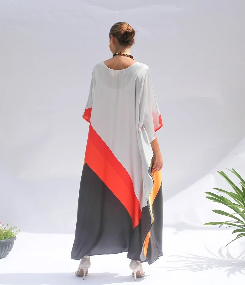 Soft Satin Silk Geometric Harmony Luxe Kaftan, Long Kaftan, Beach Wear, J5846