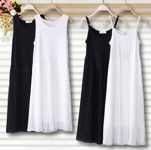 Women Pleated Chiffon Layered Full Length Cami Long Slip Dress