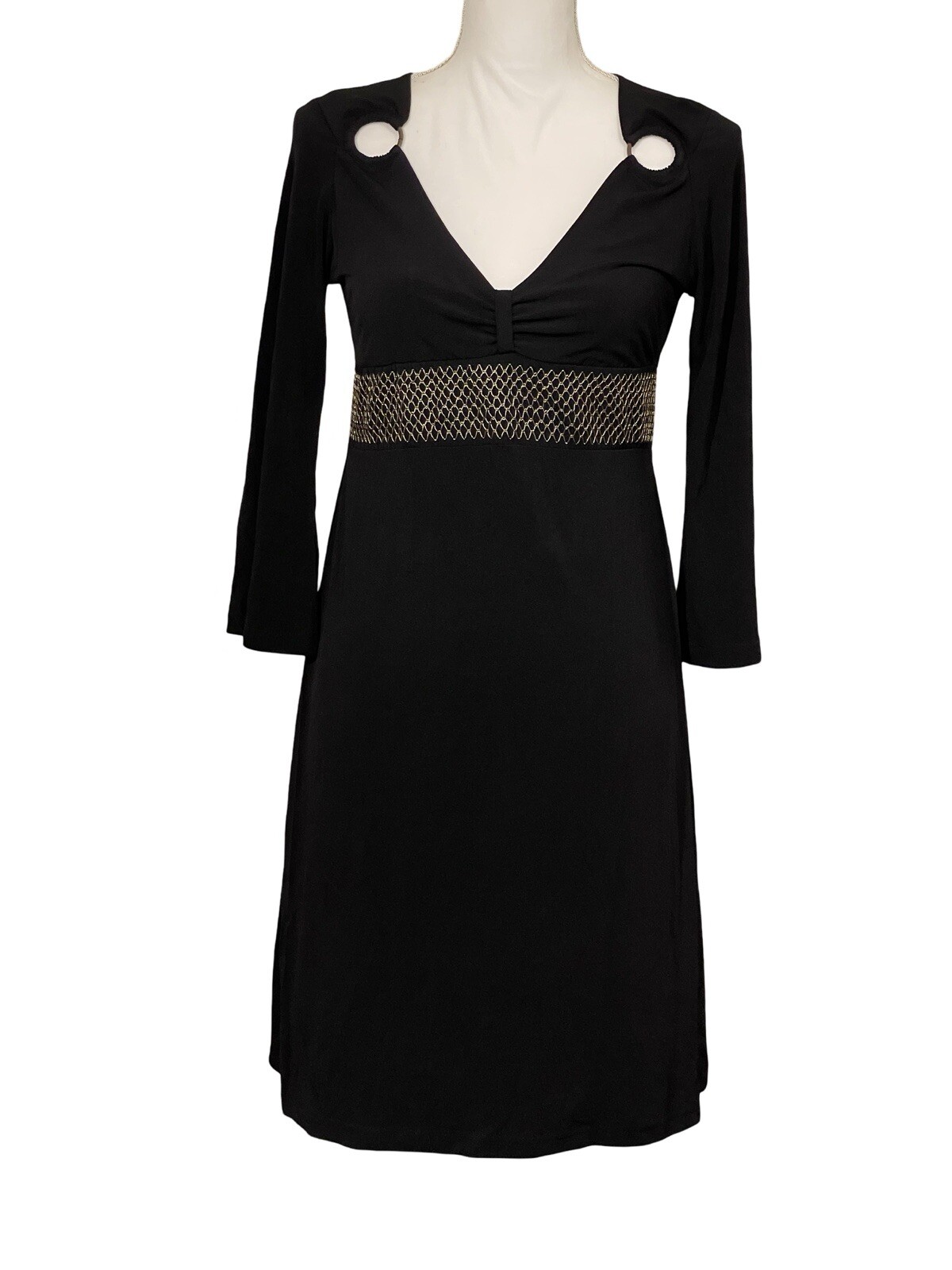 VERTIGO PARIS Black Dress Gold Mesh Empire Waist Shoulder Rings Women’s Size M