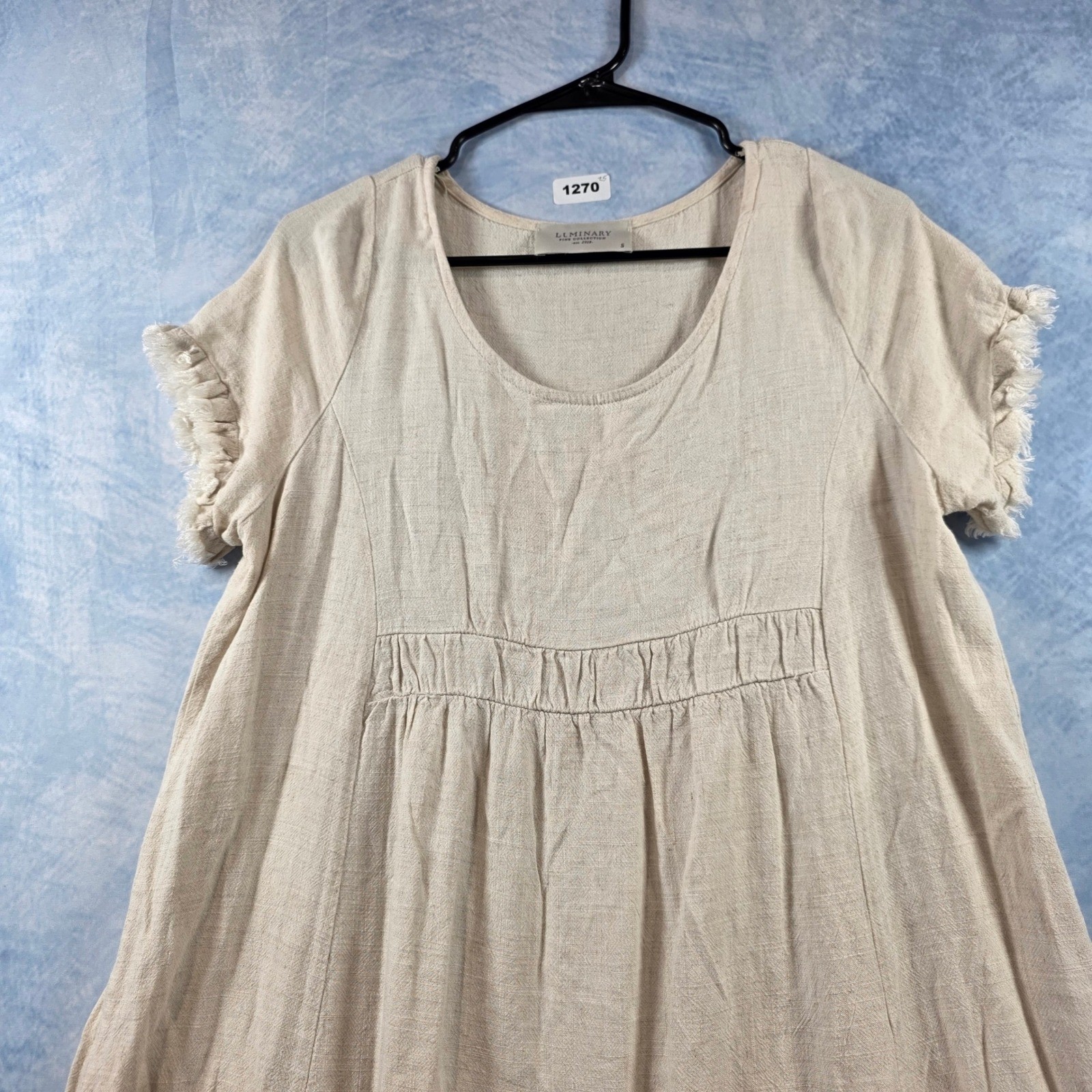 Luminary Fine Collection Womens Linen Blend Fringe Babydoll Dress Beige Small