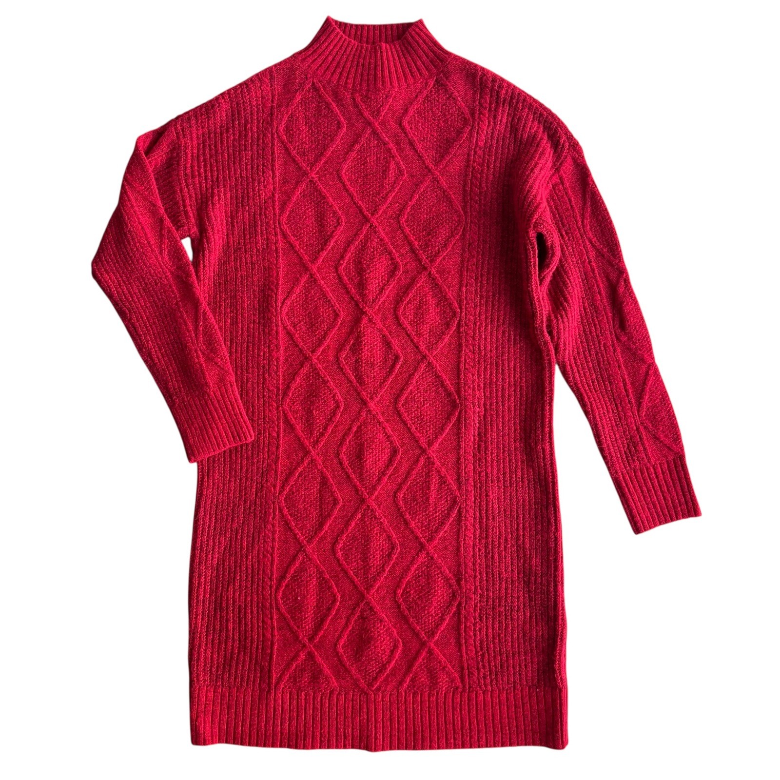 LOFT Women’s Sm. Red Cable Knit Mock Neck Long Sleeve Sweater Dress Cozy Holiday