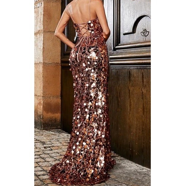 RYANTH Women’s Coffee Sequin Mermaid with Side Slit V-Neck Prom Dress Size 8 NWT
