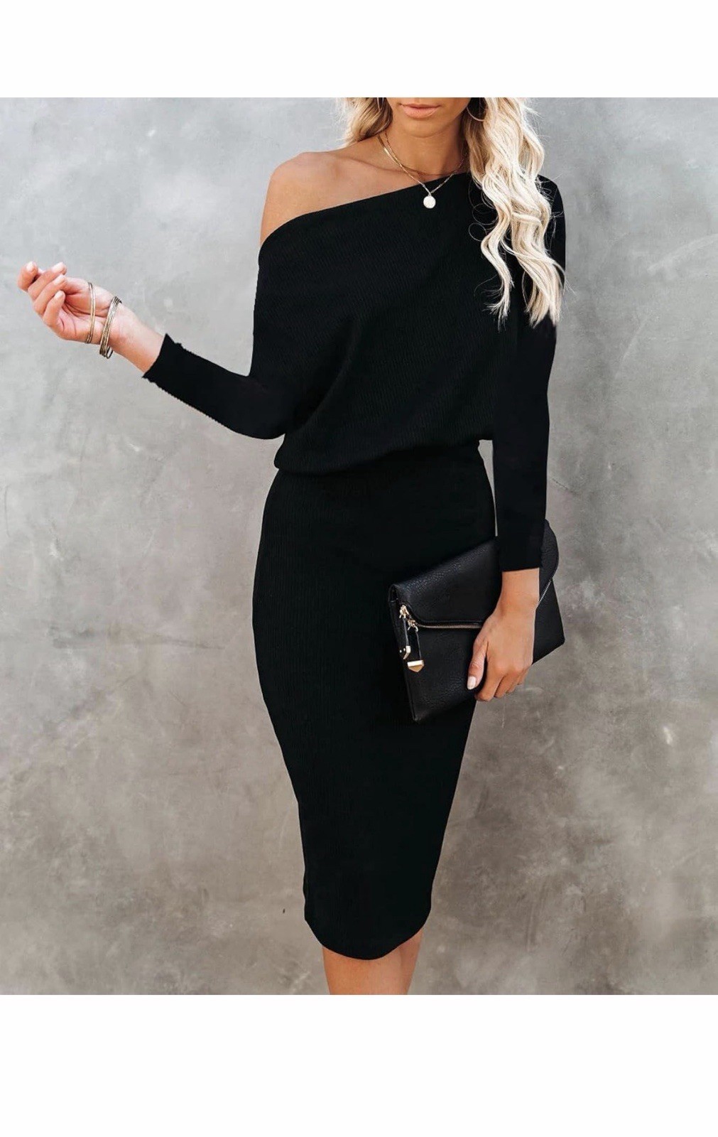 Ezbelle Off The Shoulder Women Batwing 3/4 Sleeve Hip Wrap Bodycon Dress Black M