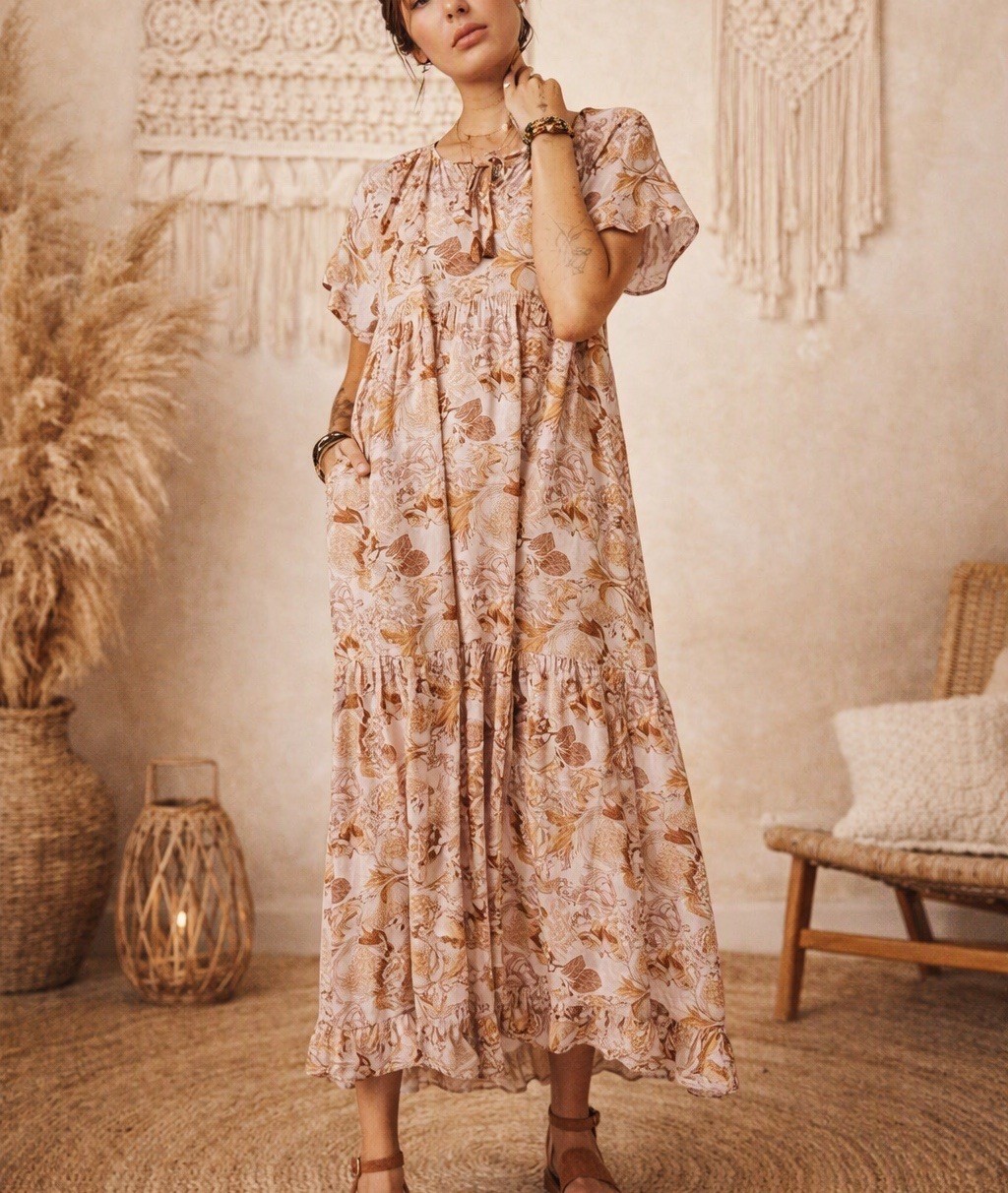 Hayden Sierra Floral Maxi Dress Plus 1X Pink Flutter Boho Relaxed Resort NEW