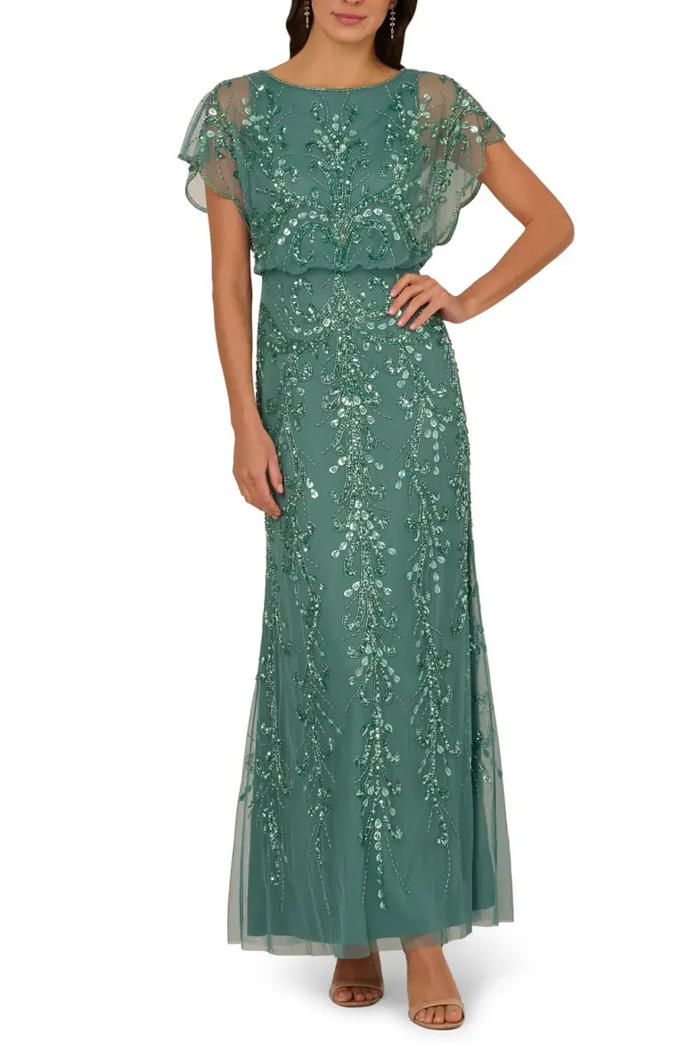 Adrianna Papell Green Slate Beaded Blouson Bodice Mesh Gown Size 6 $269