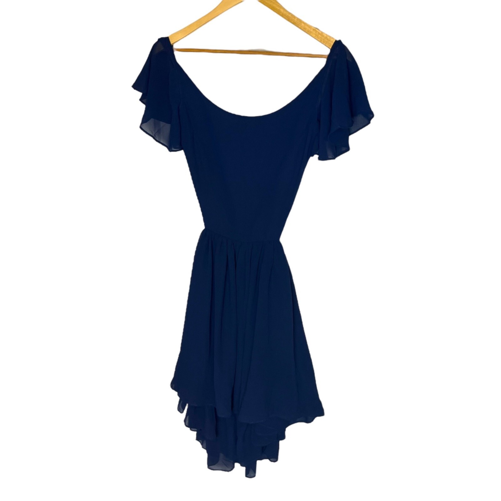 Tobi Women’s S Open Back Ruffled Mini Dress Navy Blue Twirl And Swirl Skater