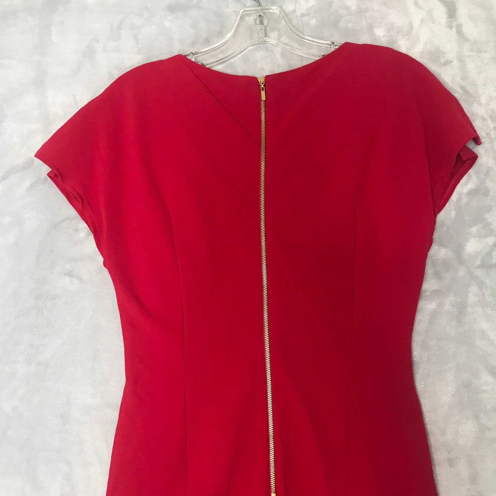 Tahari Dress Womens 6 Red Sheath Split Cap Sleeve Ruched Waist Asymmetric Hem