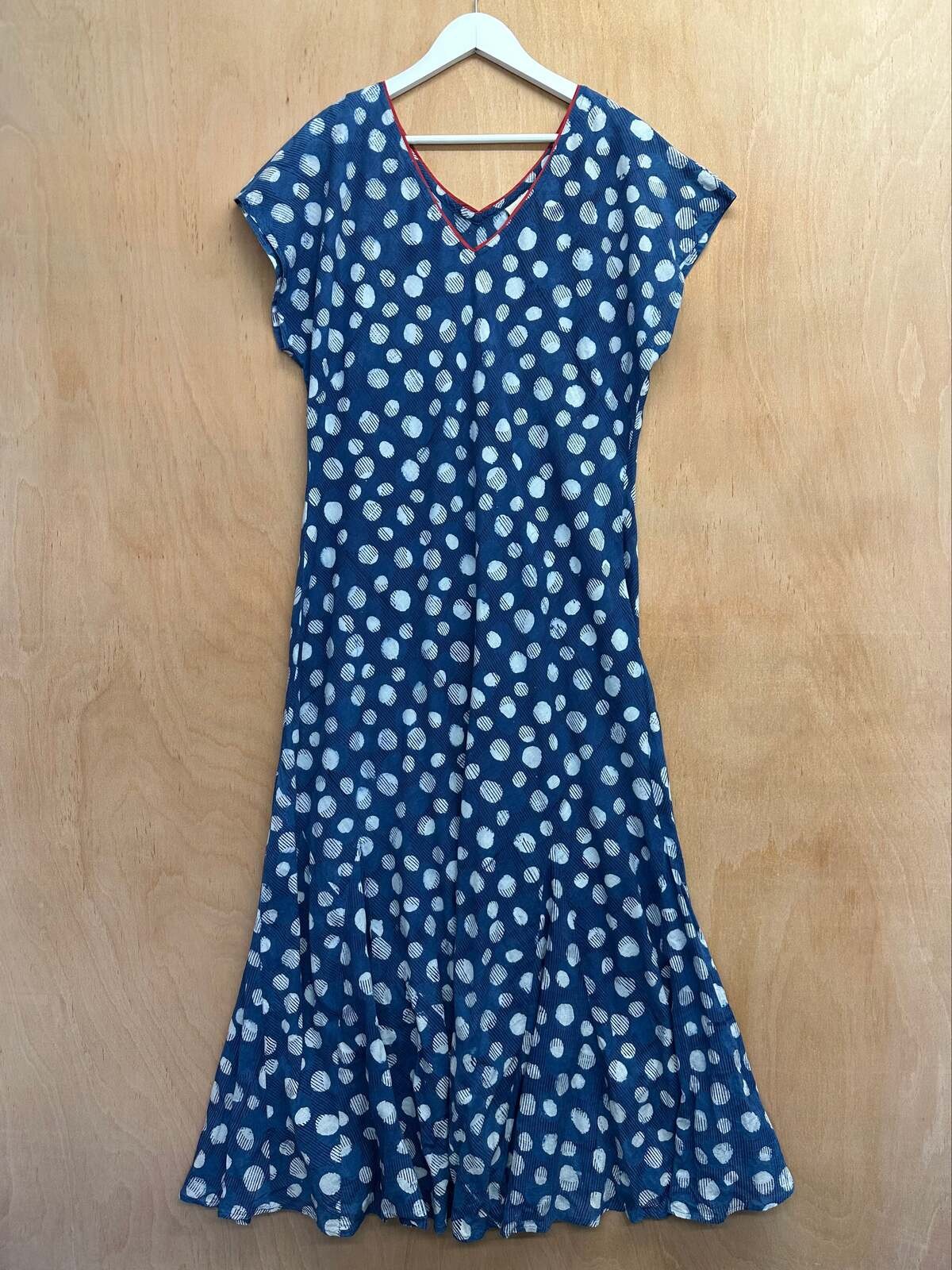Anokhi East UK 18 Blue Red Cotton Indian Block Print V-Neck Bias Cut Maxi Dress