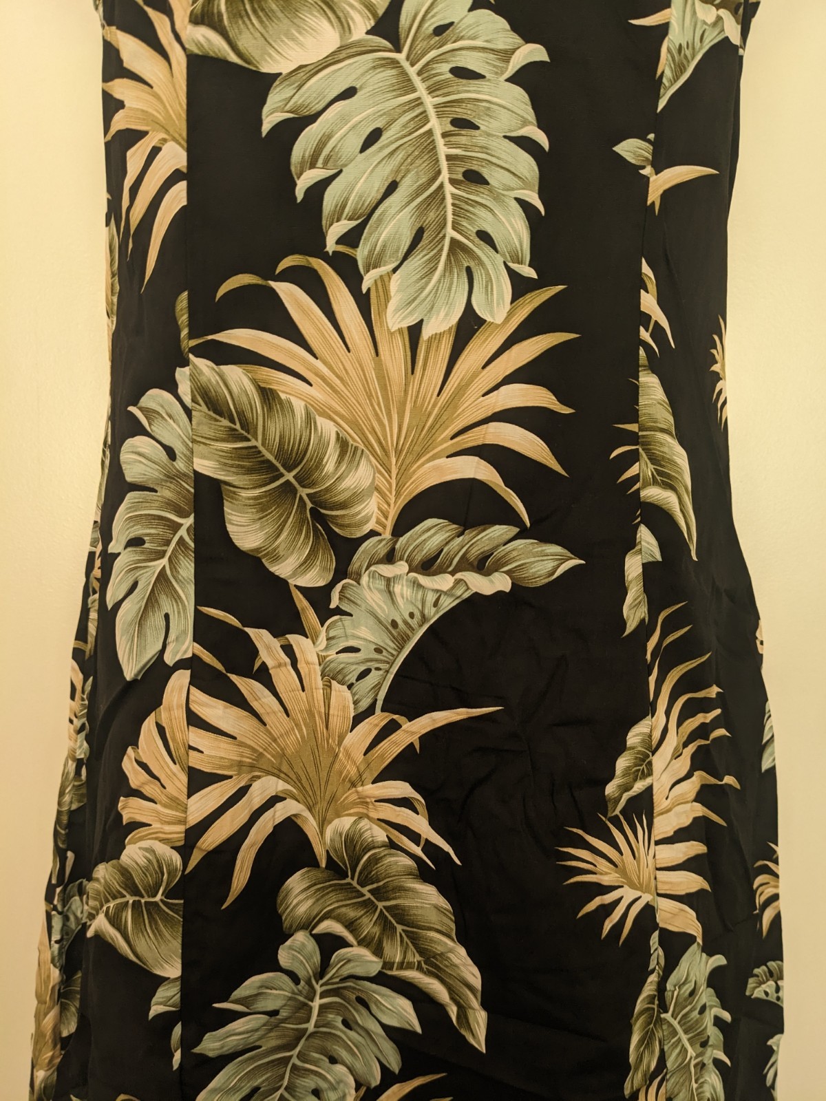 New Ky’s Hawaii Maxi Hawaiian Ruffle Dress Black Leaves floral spaghetti strap