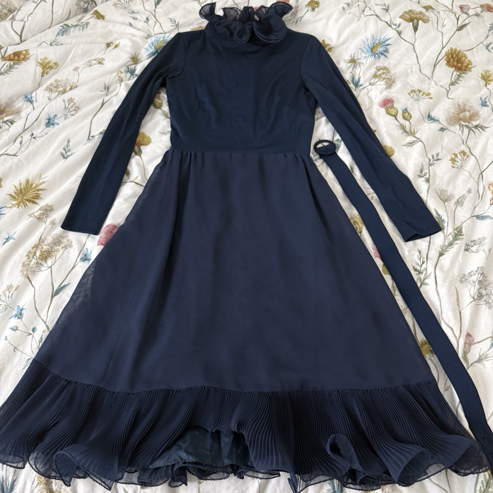 Vintage 70s Miss Elliette California Navy Maxi Dress Pleated Hem Ruffle Neck S