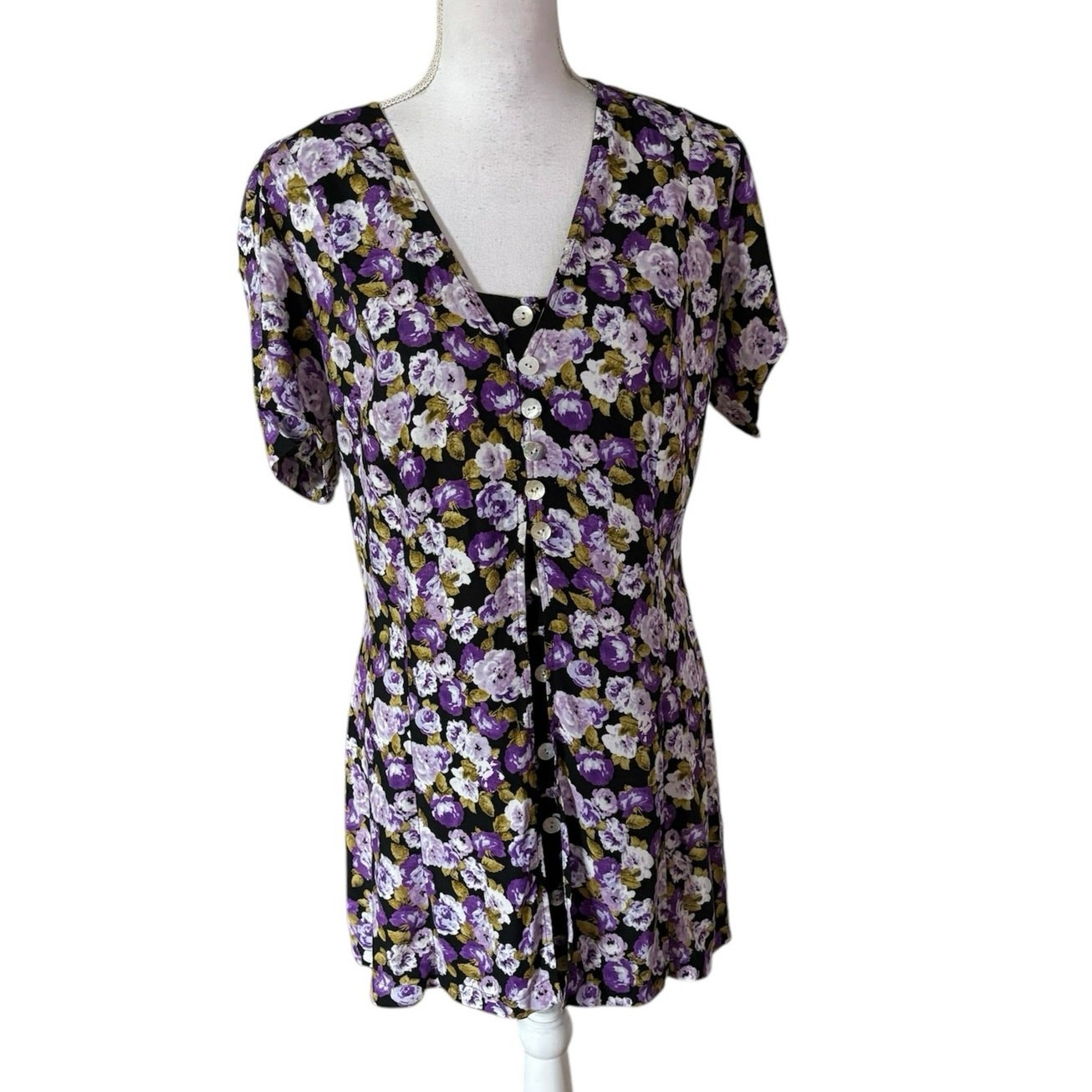 Vintage JBS M L Floral Mini Dress Layered Look Button Front 90s Nineties Y2K