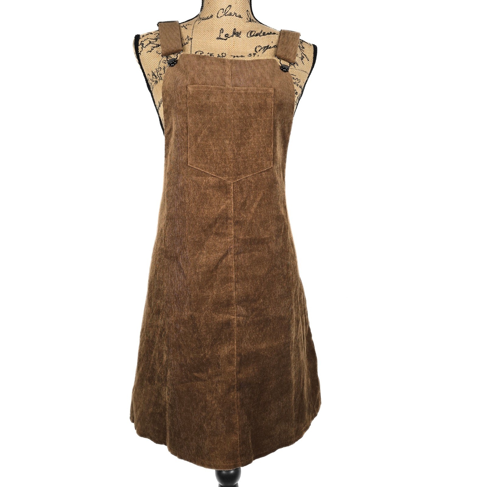 Everly Brown Corduroy Pinafore Overall Dress Large Camel Tan A-Line Bib Front