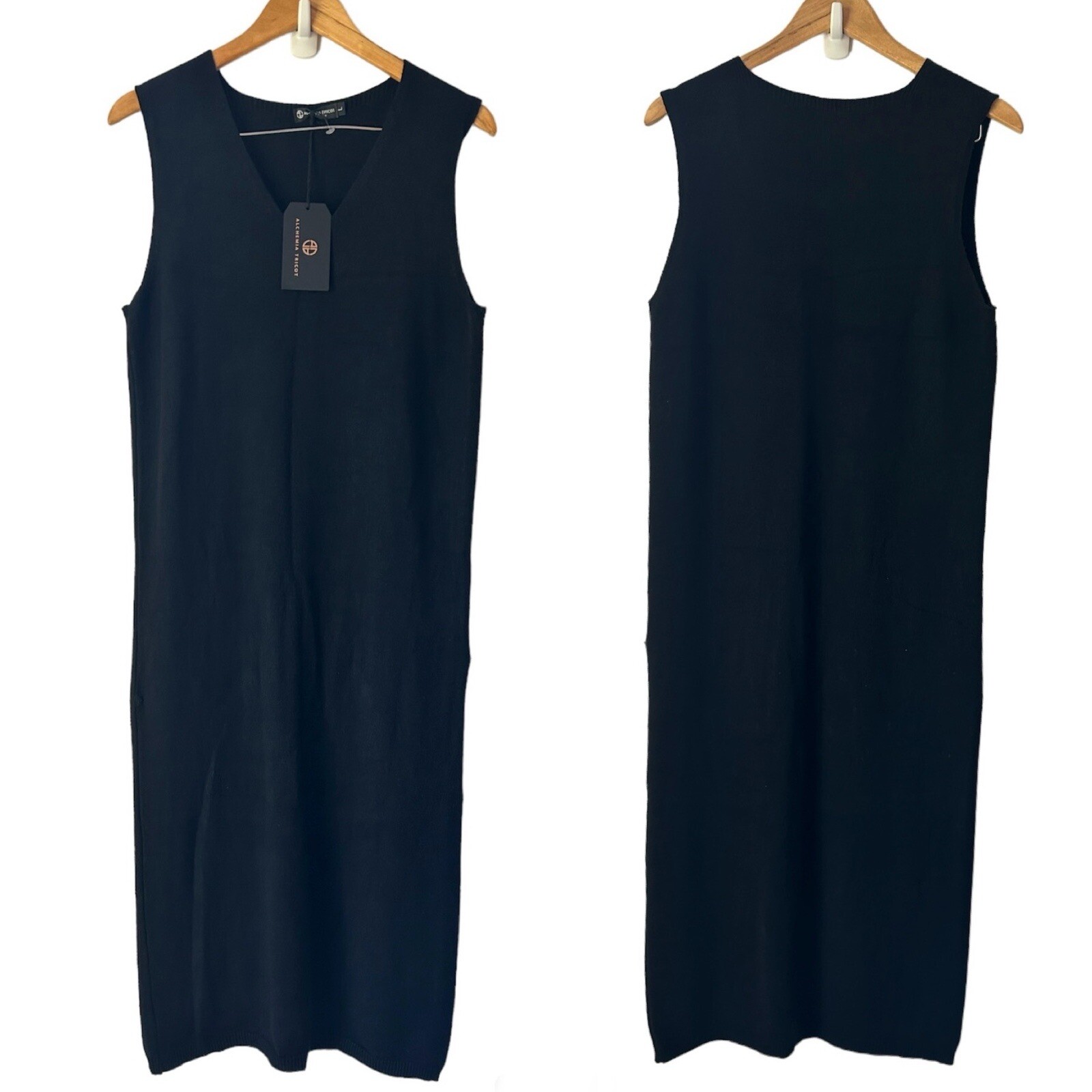 ALCHEMIA TRICOT Black Italian Sleeveless V-Neck Maxi Sweater Dress S/M/L