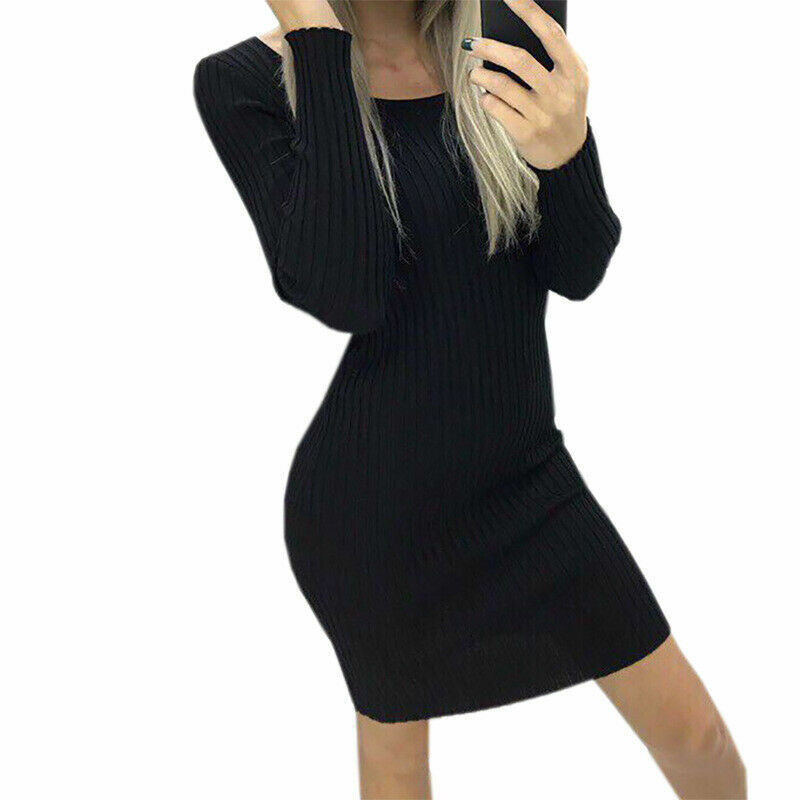 Women Sexy Bodycon Knit Sweater Dress Casual Slim Long Sleeve Mini Jumper Party