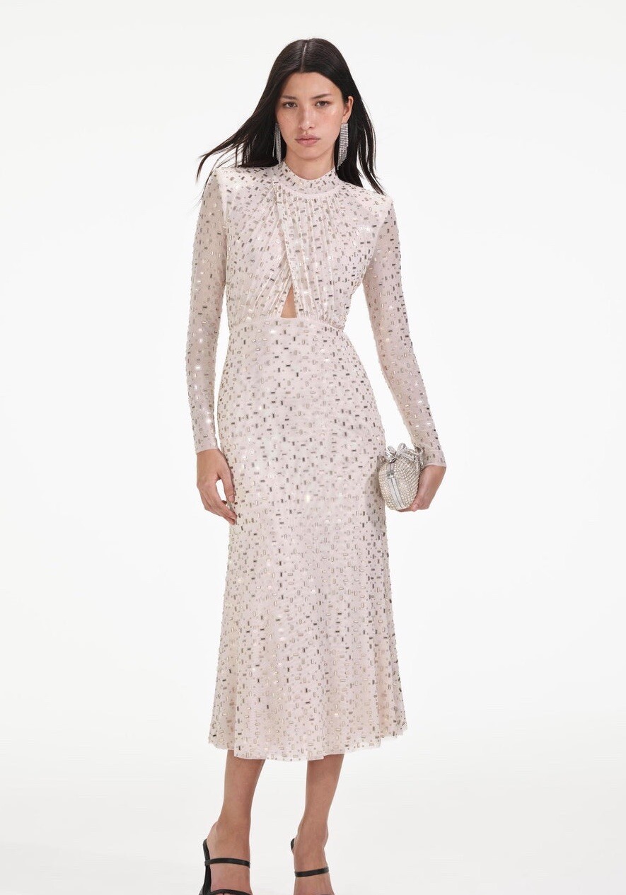 self portrait CHAMPAGNE RHINESTONE MESH MIDI DRESS $700 UK 6，US2