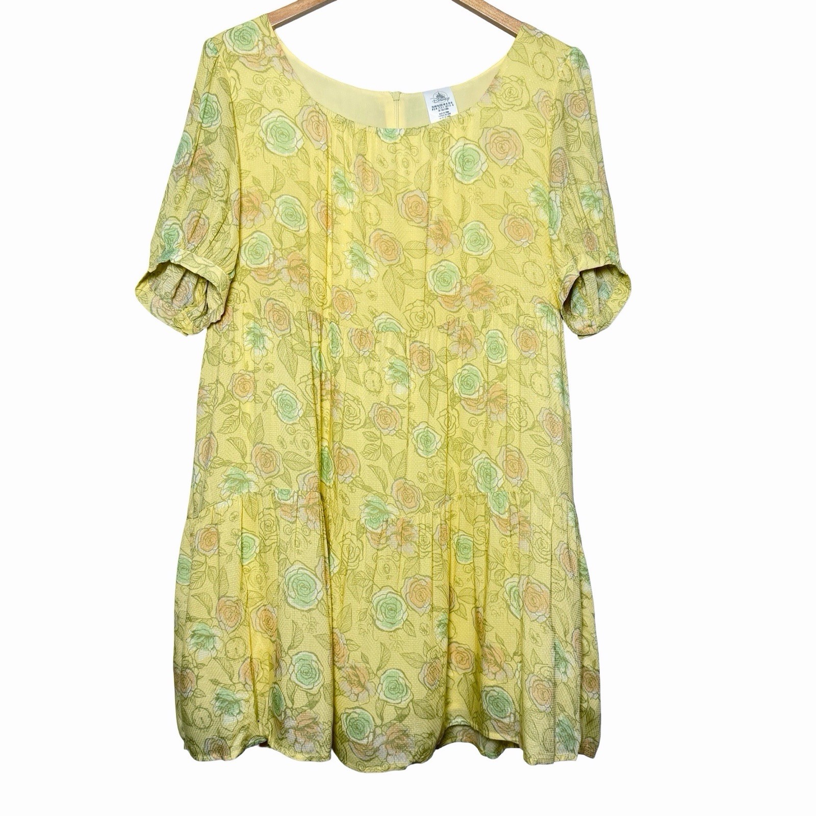 Disney 2022 Cinderella Dress XL Yellow Floral Puff Sleeve Tiered Cottagecore