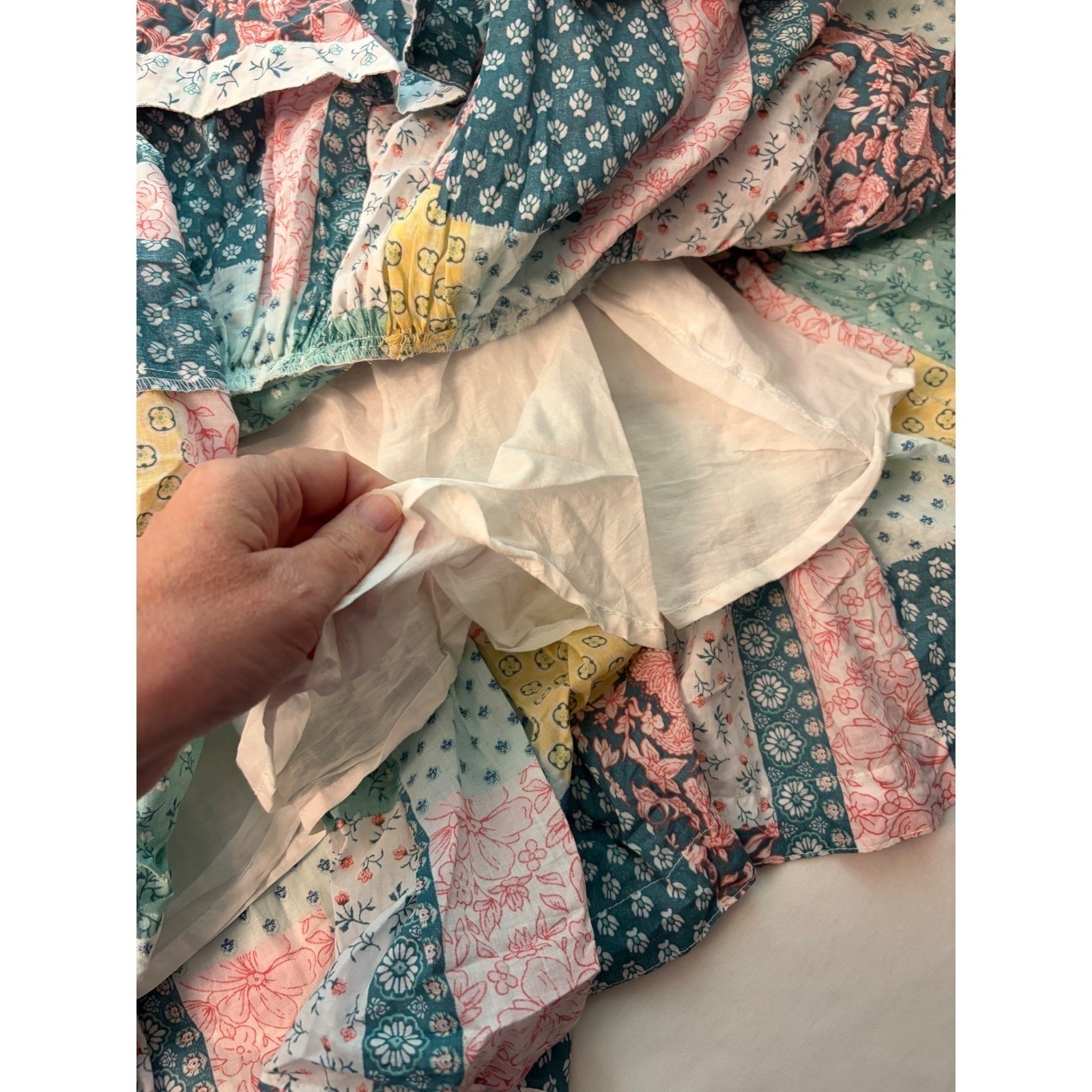New Simply Southern Patchwork Tiered Maxi Dress Pink Teal Floral Large cottage