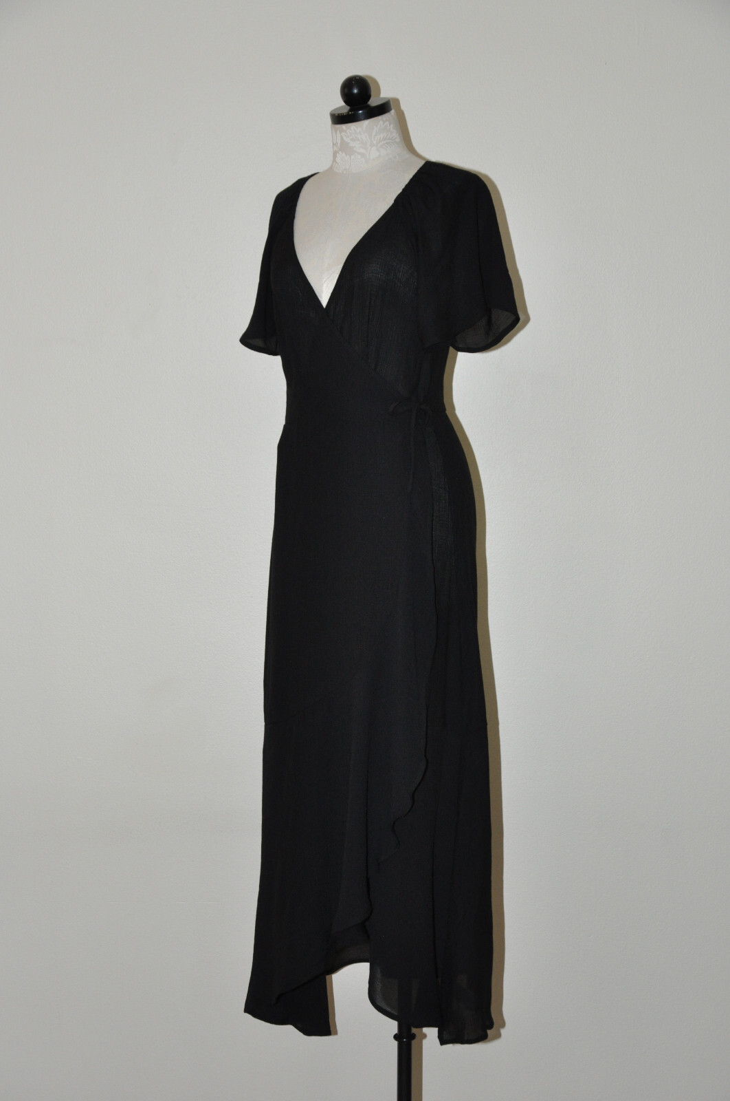 Lush Black Cotton Gauze Sheer Plunging Neckline Long Maxi Wrap Dress LBD Women M