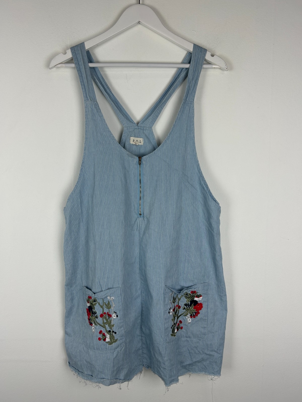 POL Romper Dress Large Woman L Boho Pockets Blue White Stripe Embroidered Floral