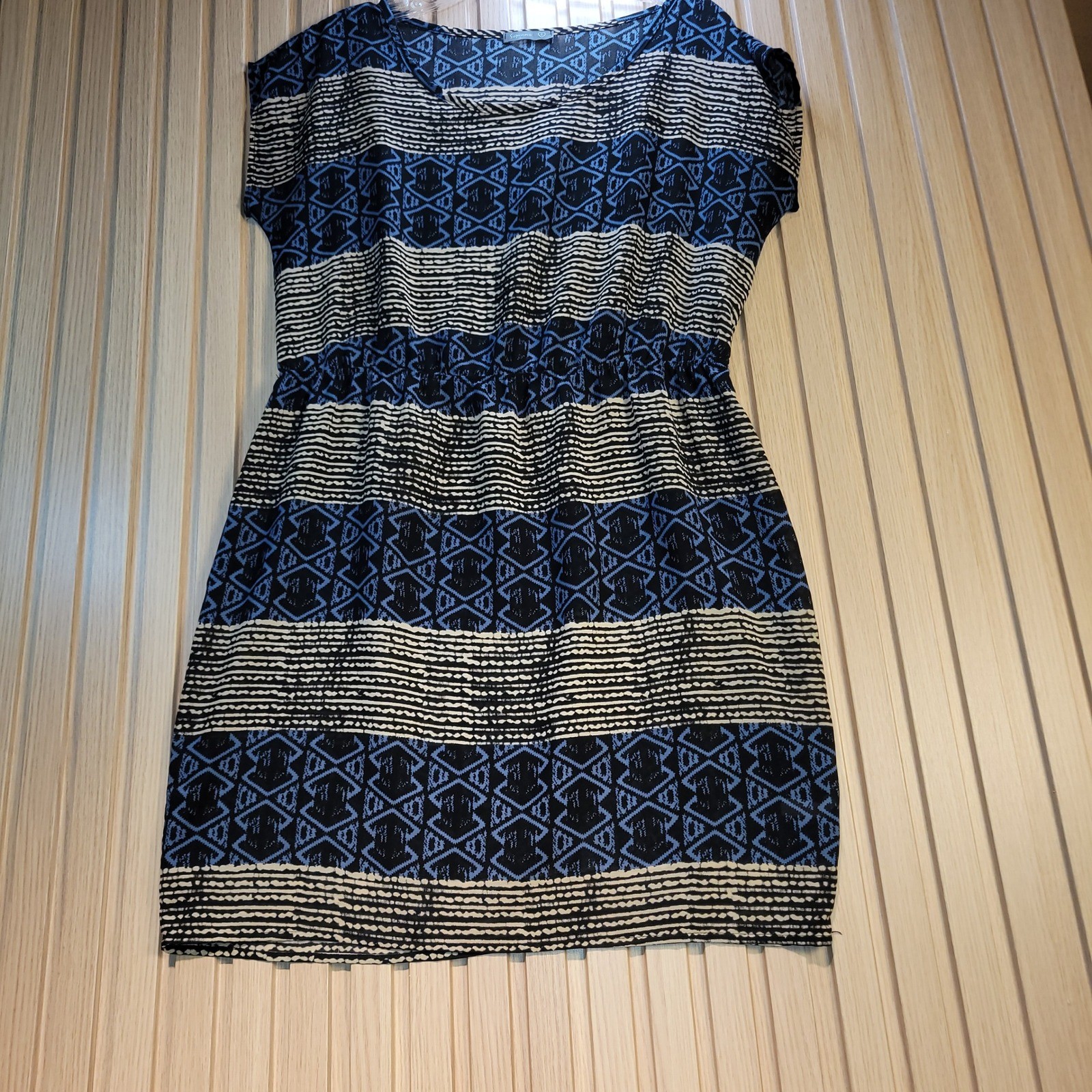 Soprano Womens Blue Black Geometric Striped Elastic Waist Mini Dress Size Small